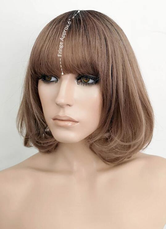 Brown With Dark Roots Straight Bob Synthetic Wig - Bosonshop