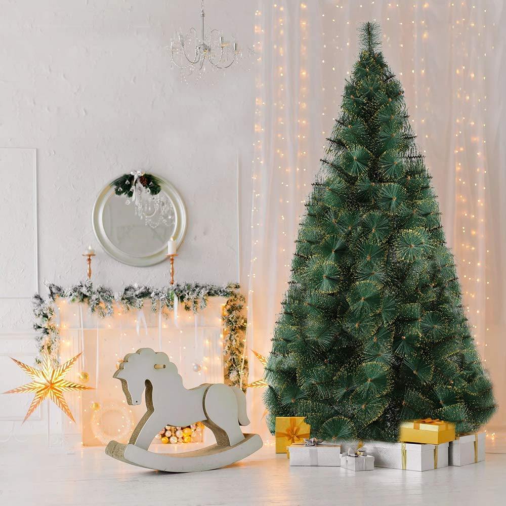 Bosonshop 7' Classic Pine Needle Tree Encrypted Artificial Christmas Tree Natural Branch with Solid Metal Bracket, Coniferous with Golden Highlights