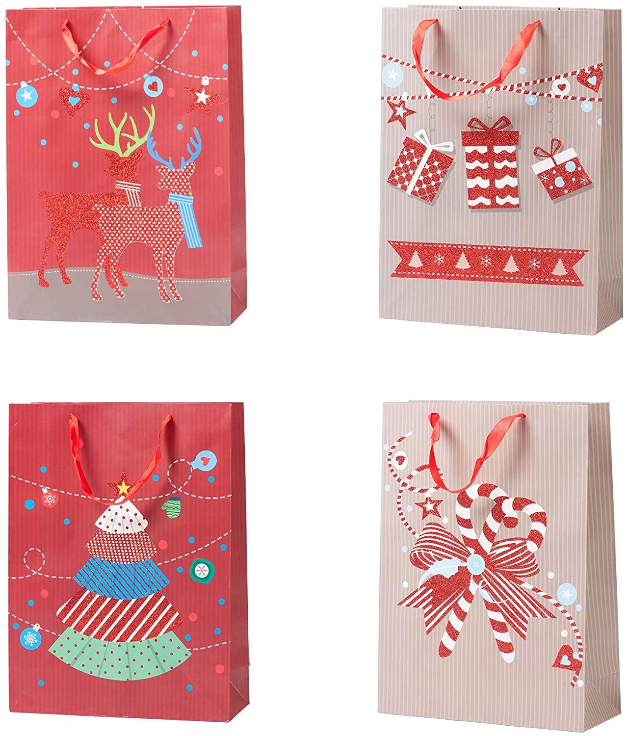 12 Pack Assorted Christmas Gift Bags with Small Medium Large Size, 4 Xmas Pattern Holiday Gift Bags with Tissue Paper, Red with Glitter - Bosonshop