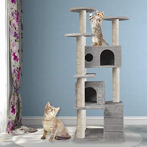 53.9" Cat Tower Scratching Post Activity Tree House - Grey - Bosonshop