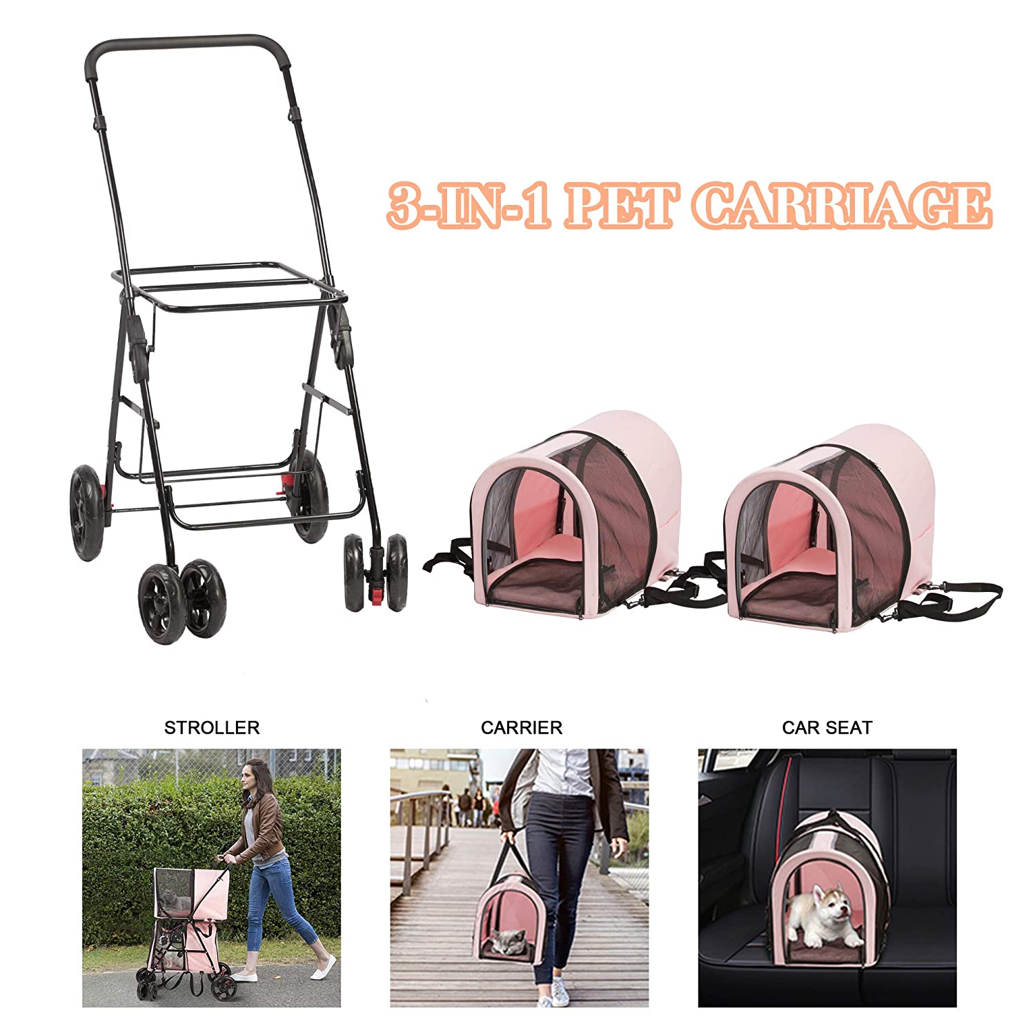 Detachable 3-in-1 Double Pet Stroller with 2 Travel Carriage Bags, Pink - Bosonshop