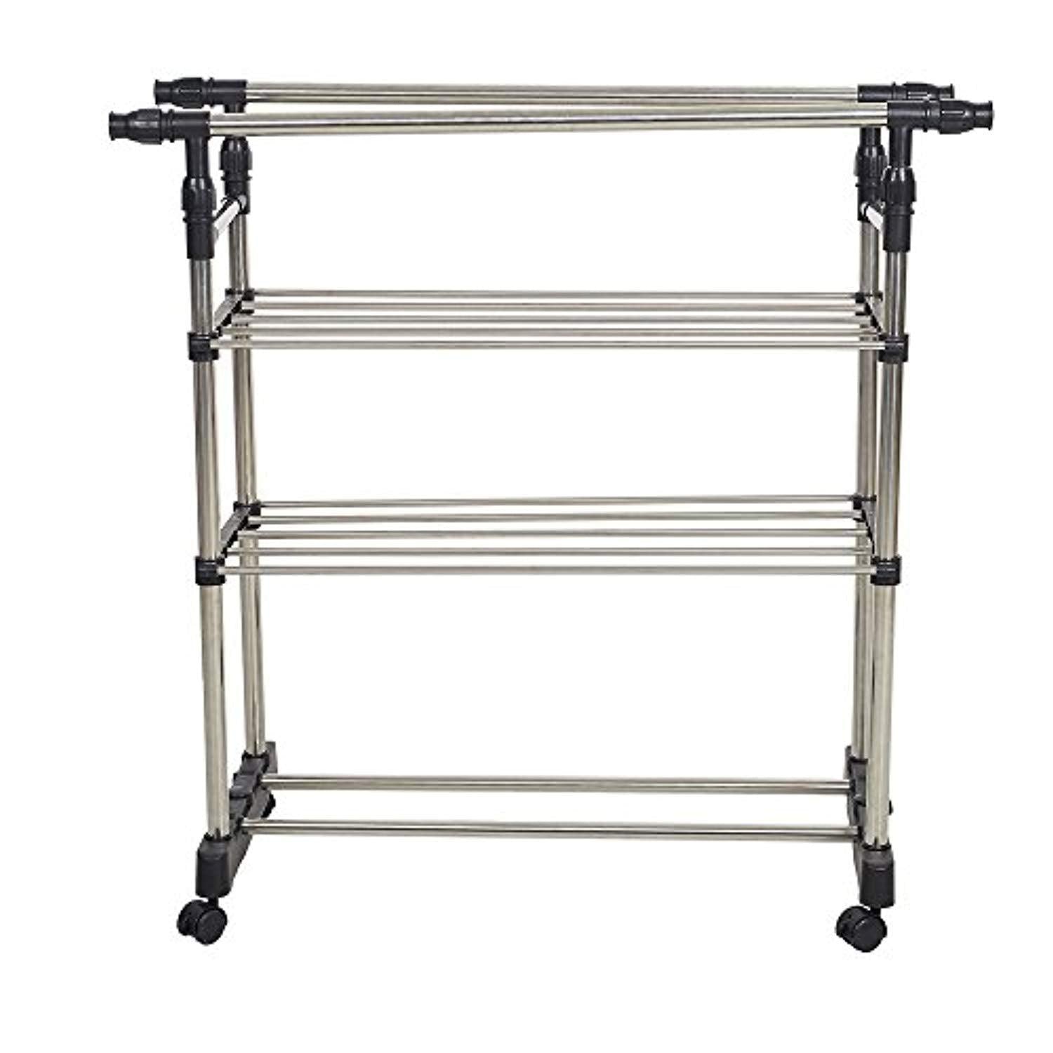 Bosonshop Adjustable 3-Tier Double rails Colthes Hanging Rack Folding Garment Rack With Wheels and Shelf