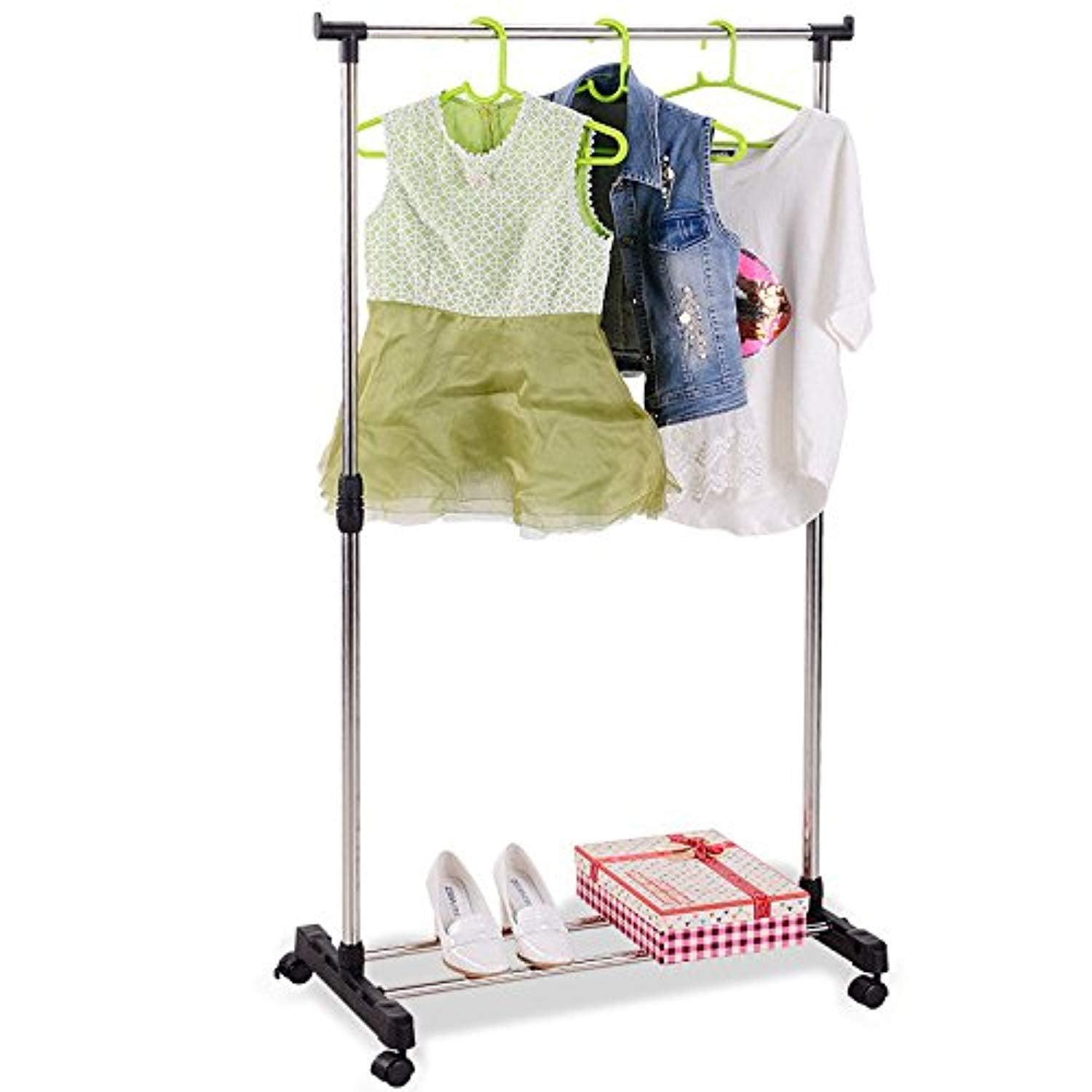 Bosonshop Single Rod Adjustable Rolling Clothes Garment Rack with Wheels Storage Shelves