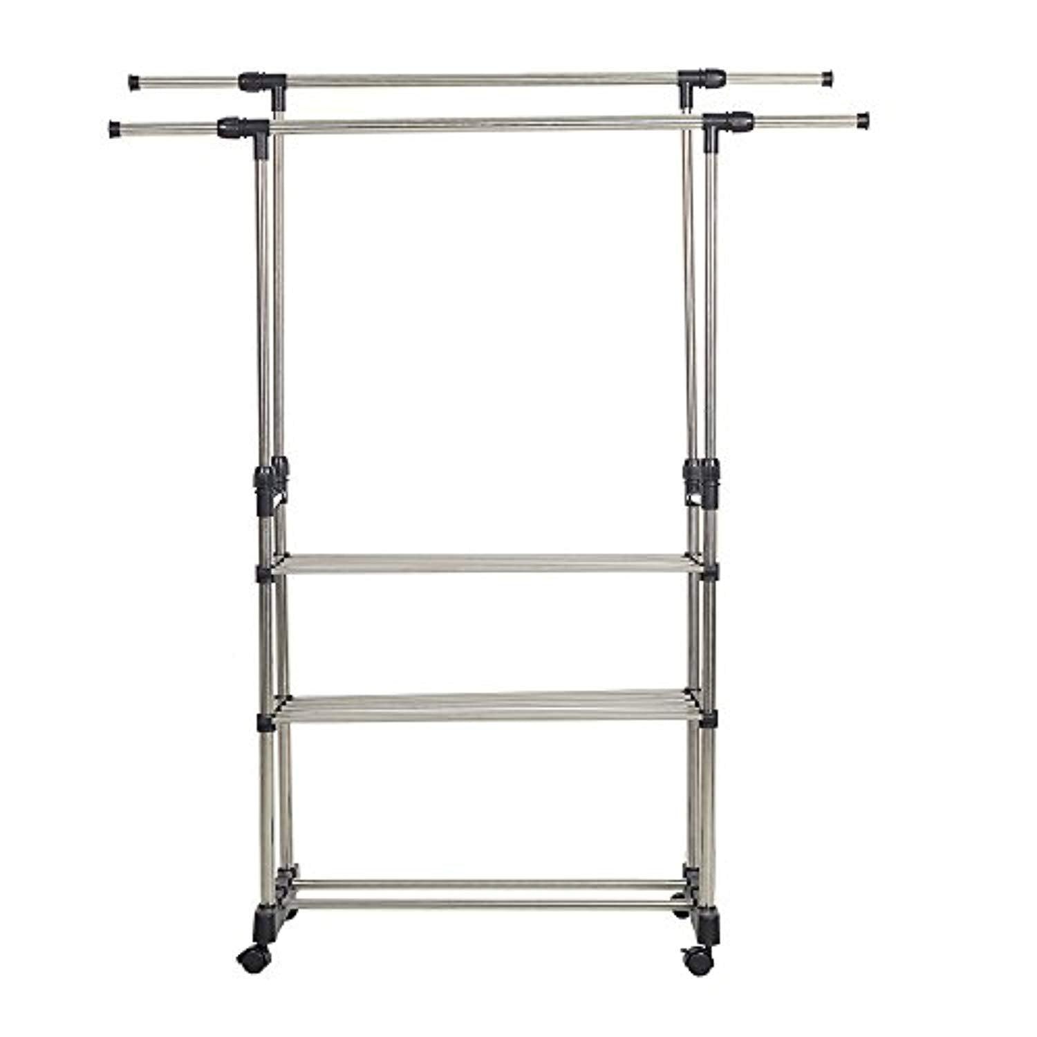 Bosonshop Adjustable 3-Tier Double rails Colthes Hanging Rack Folding Garment Rack With Wheels and Shelf