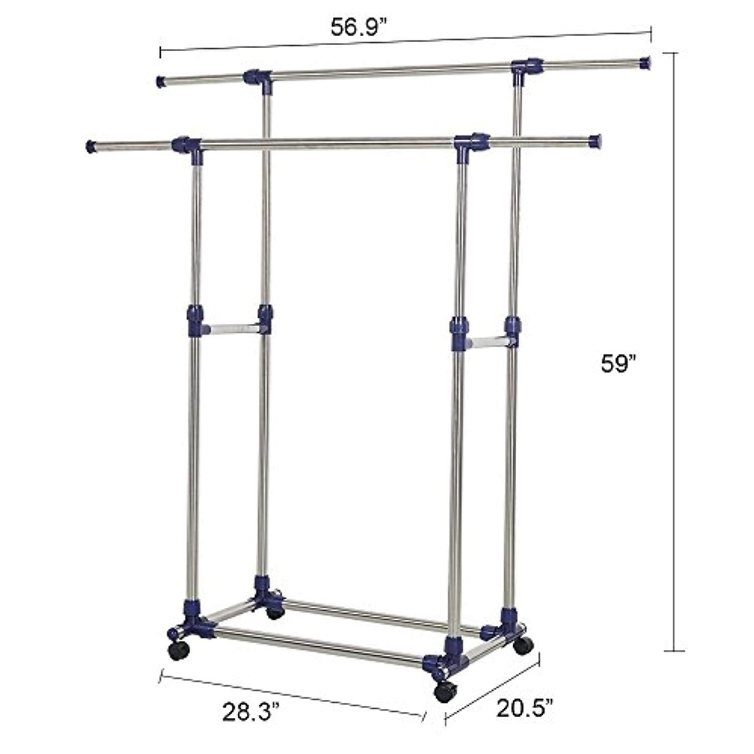 Bosonshop Adjustable Rolling Heavy Duty Garment Rack Double Rail Clothes Rack with Wheels