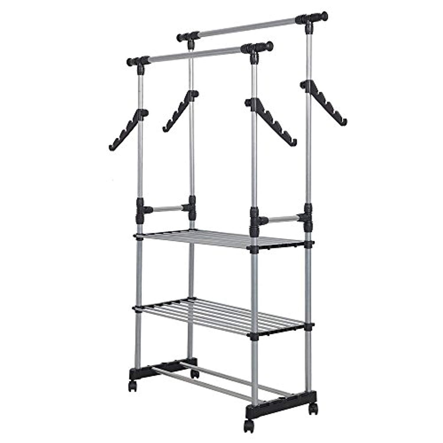 Bosonshop Folding Double Rails 3-Tier Clothes Rack with Shelf and Wheels