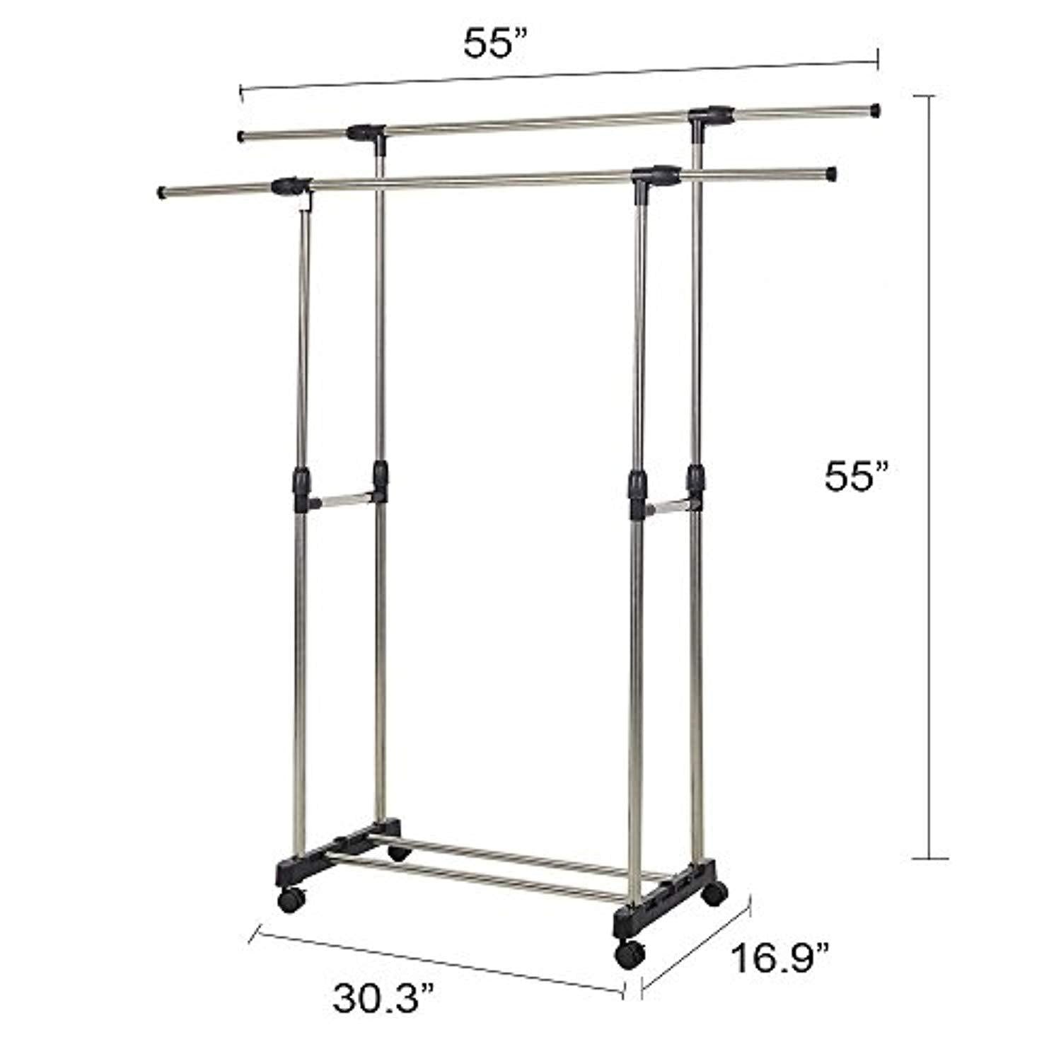 Bosonshop Adjustable Double Rail Heavy Duty Garment Rack Clothes Rack with Wheels Free Standing Black