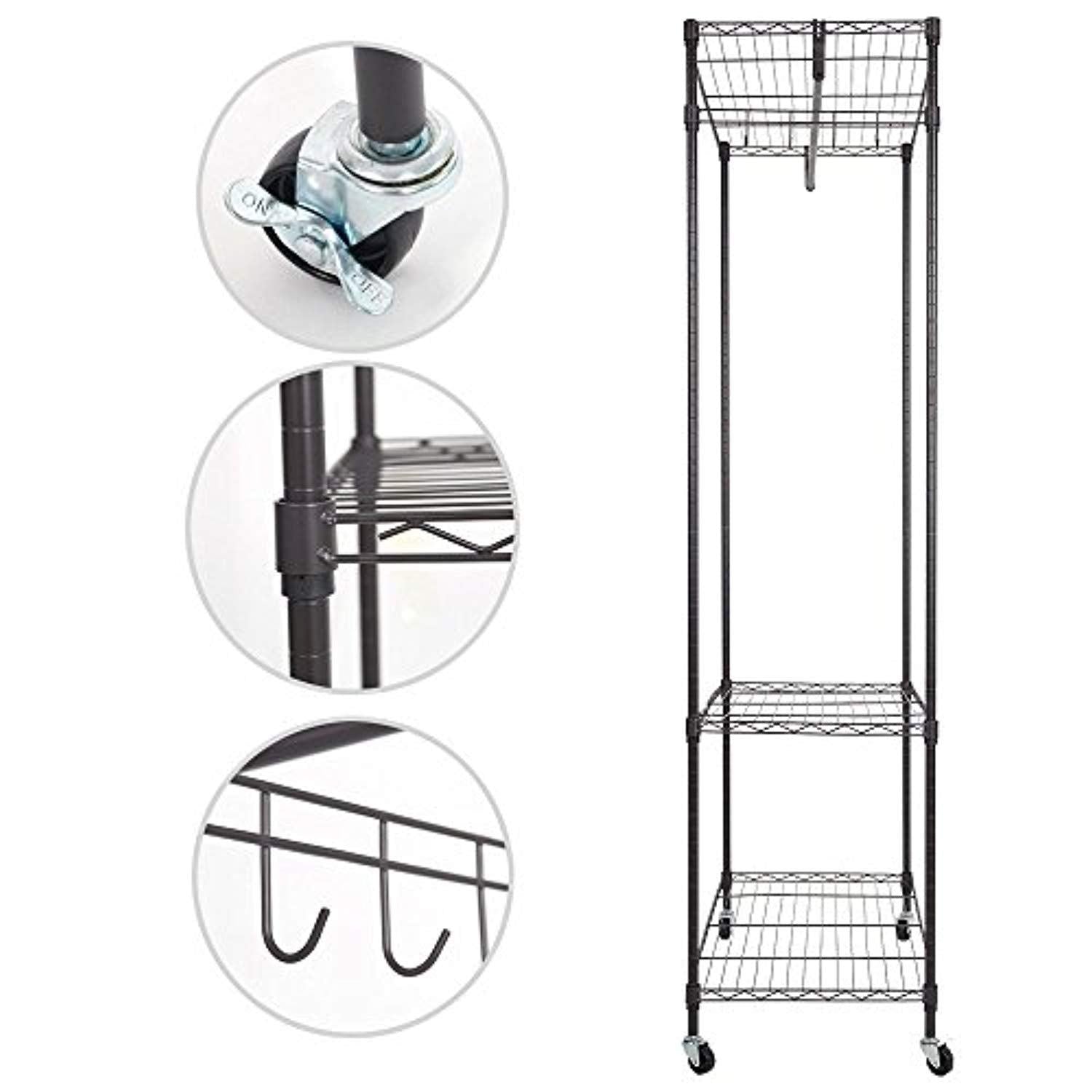 Bosonshop 3-Tier Portable Wire Shelving Garment Rack with Wheels, Black