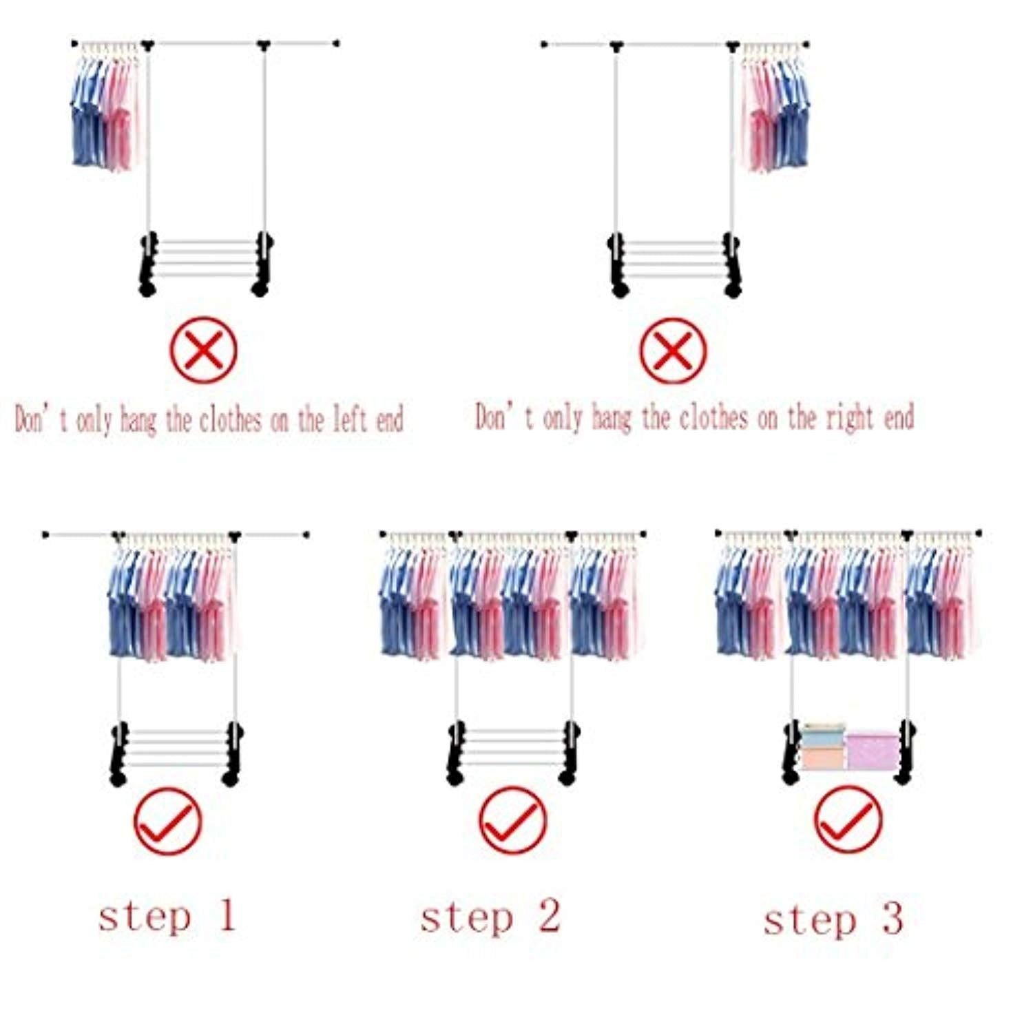 Bosonshop Double Rods Adjustable Clothes Rack Rolling Garment Rack with Shoe storage and Bottom Wheels