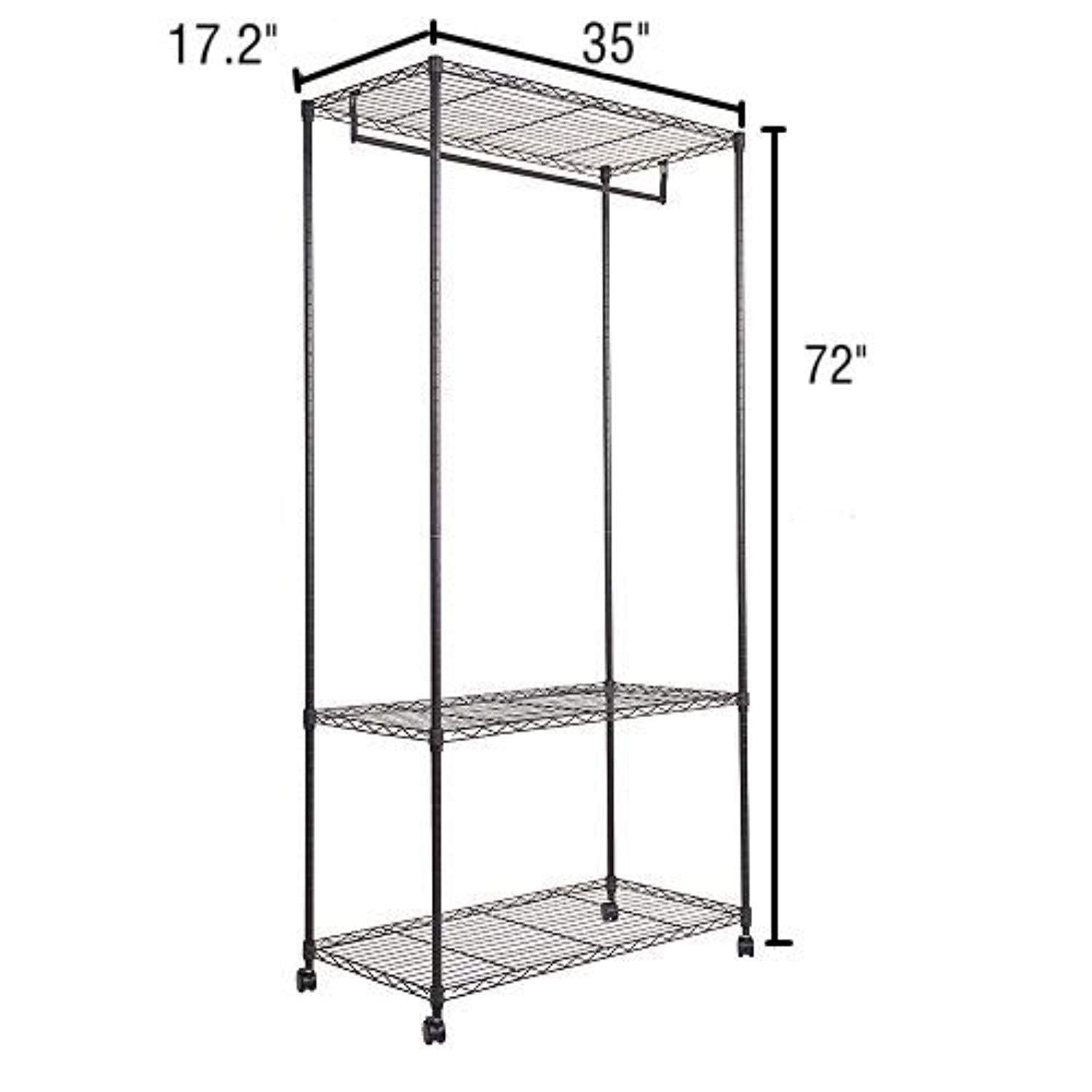 Bosonshop Garment Rack with Top and Bottom Shelves with Wheels,Black (72 inch)