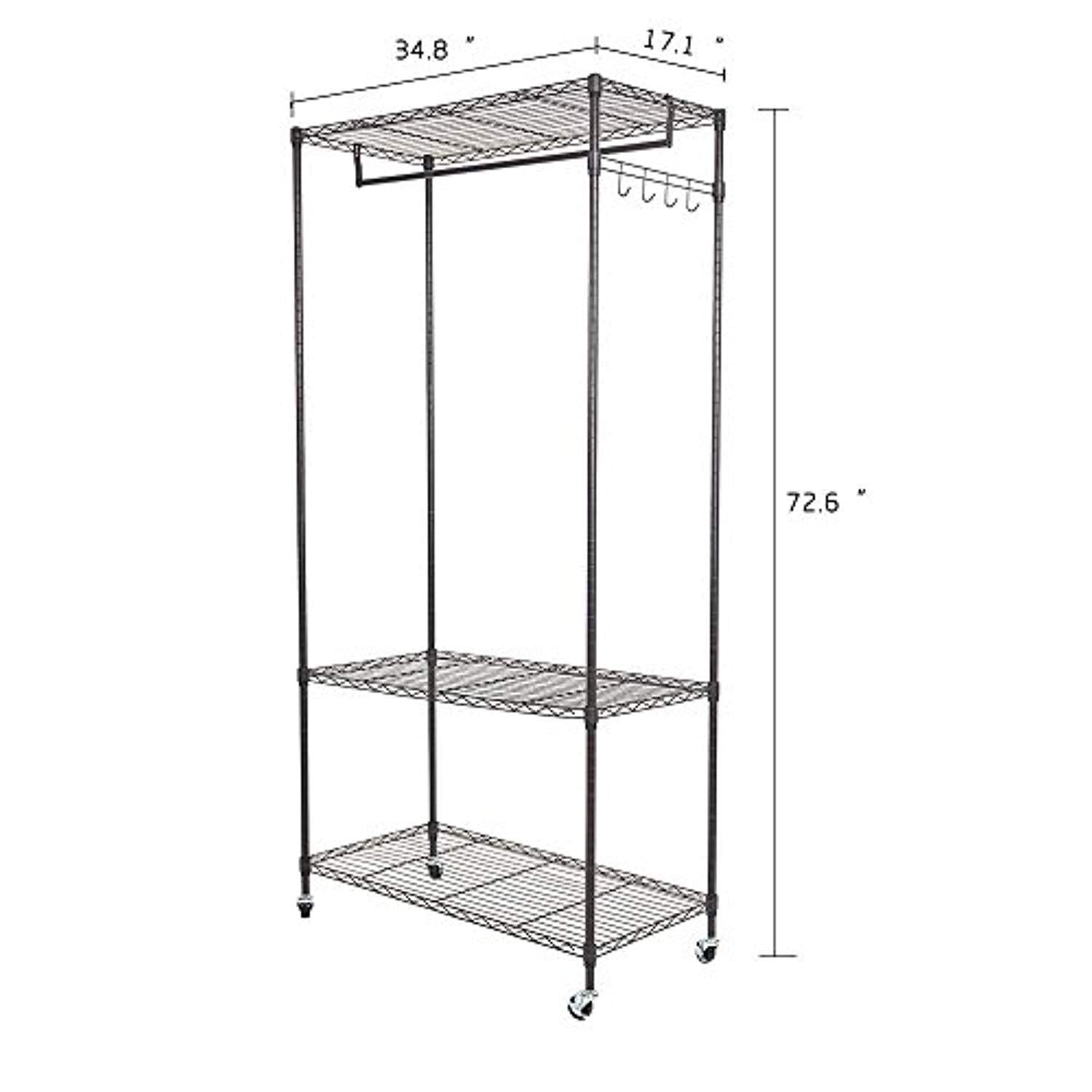 Bosonshop 3-Tier Portable Wire Shelving Garment Rack with Wheels, Black