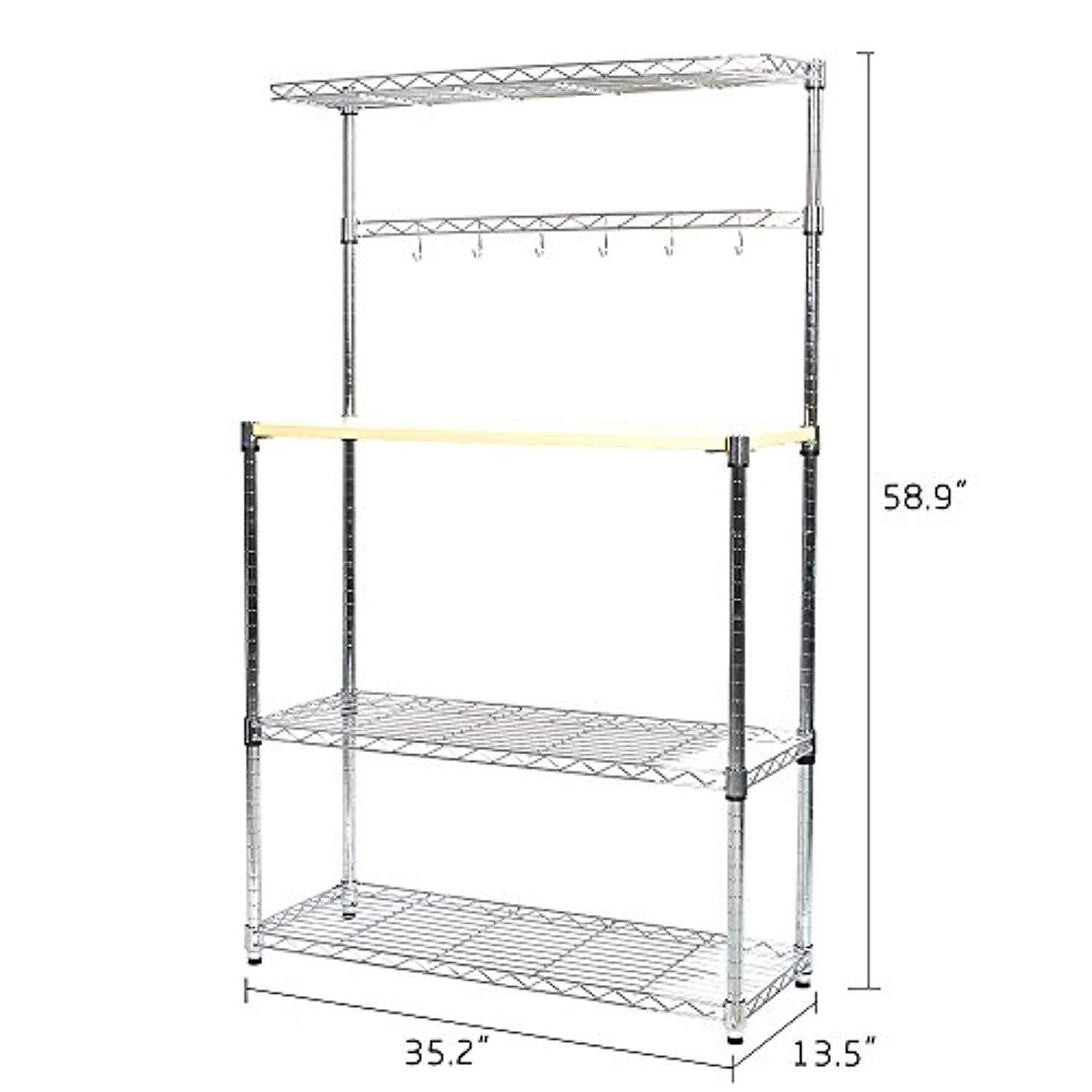 Bosonshop 4 Tier Baker's Rack Microwave Shelf,Kitchen Storage Free Standing Workstation with 6 hooks