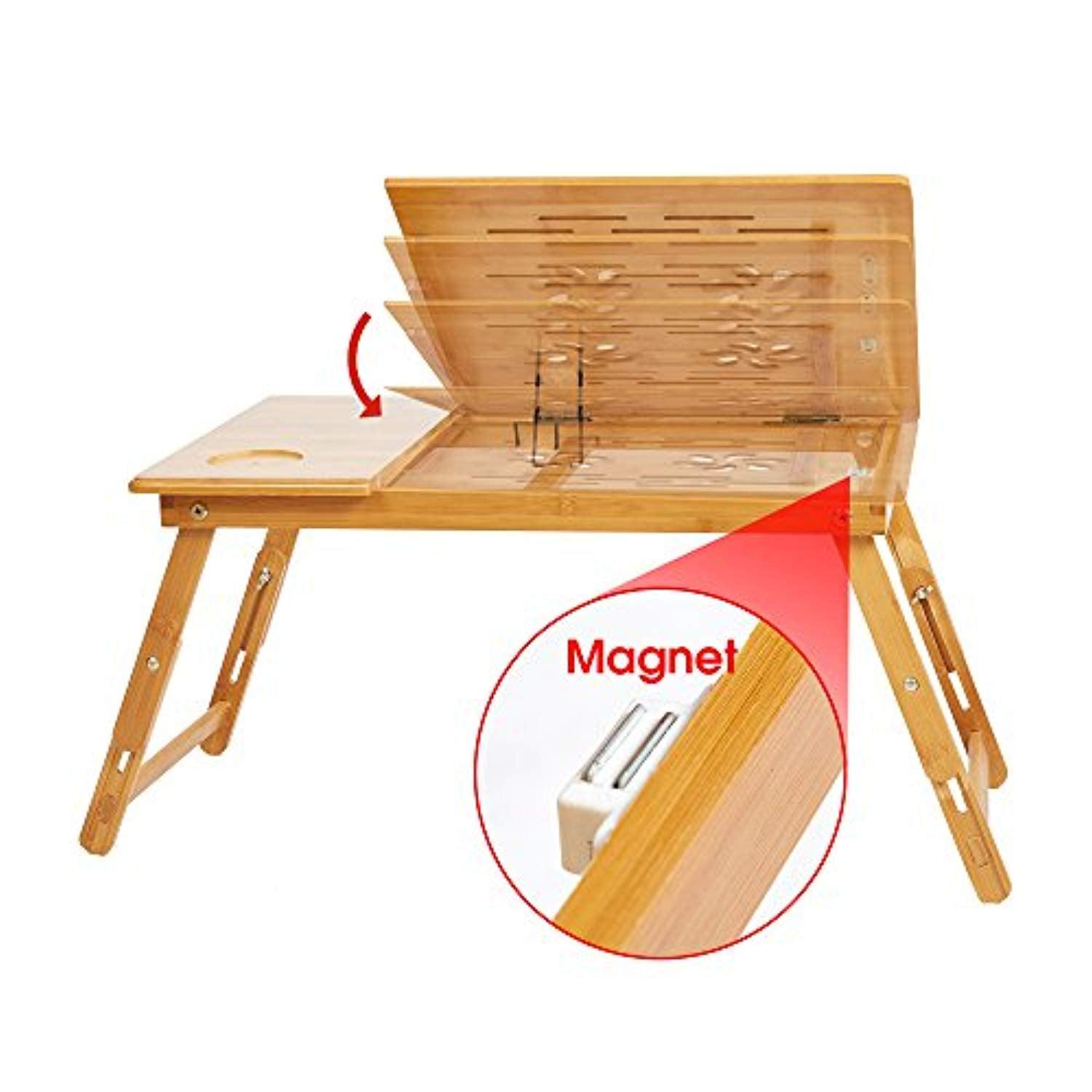 Bosonshop Adjustable Bamboo Laptop Desk Foldable Breakfast Table with Tilting Top Drawer,Eco Friendly