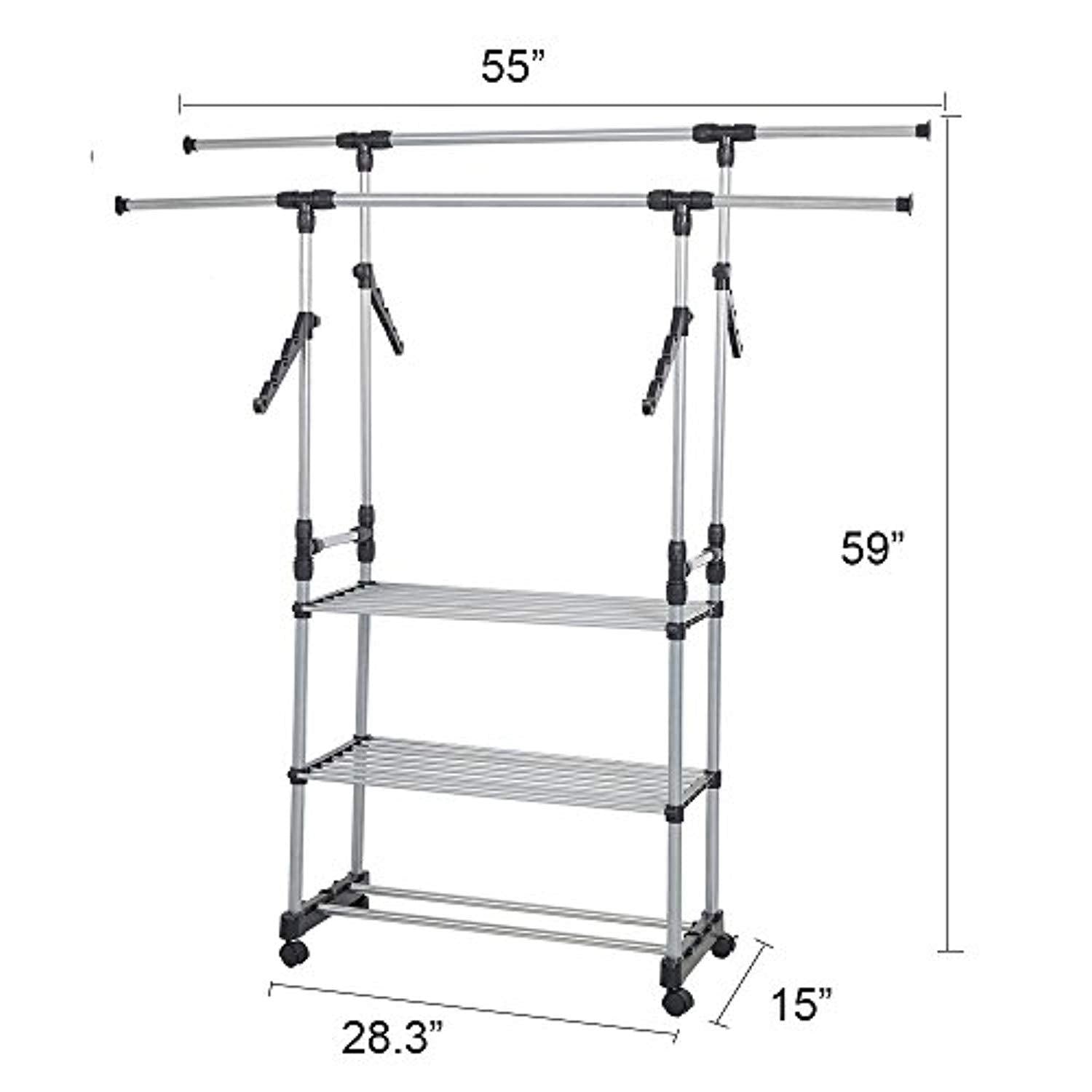 Bosonshop Folding Double Rails 3-Tier Clothes Rack with Shelf and Wheels