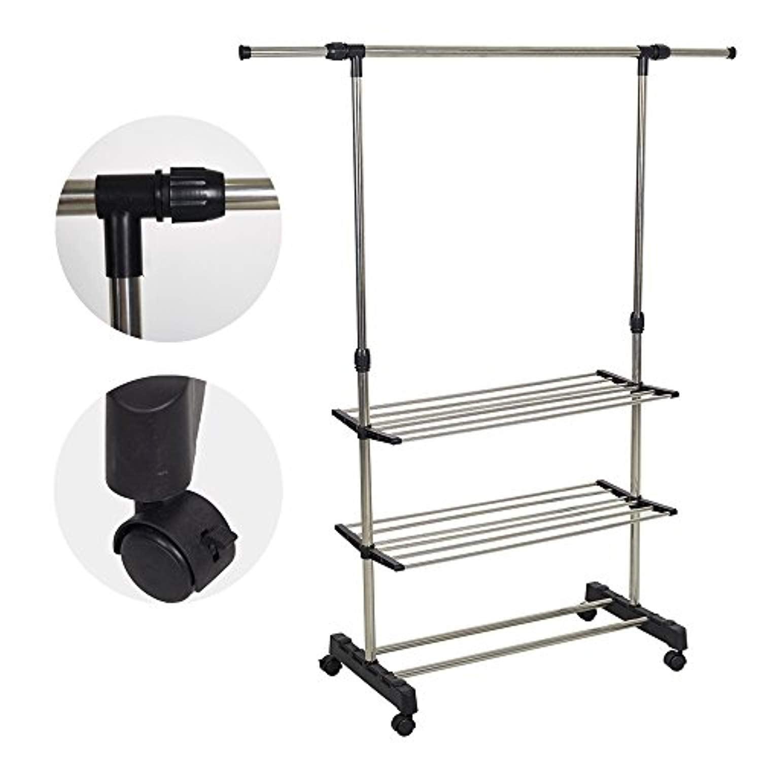 Bosonshop Single Rail Adjustable Clothes Rack Hanging Rack With Wheels and Shelves