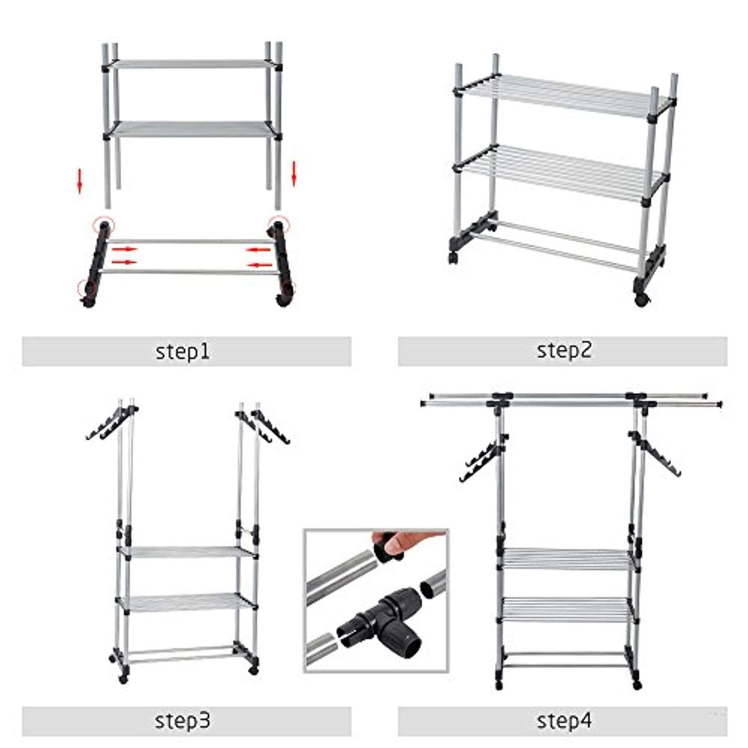 Bosonshop Folding Double Rails 3-Tier Clothes Rack with Shelf and Wheels