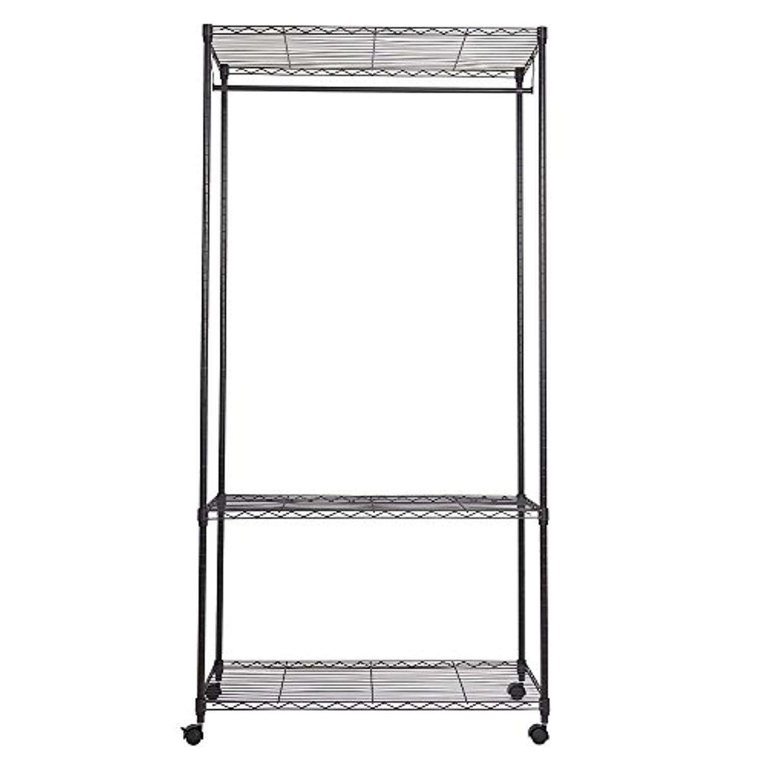 Bosonshop Garment Rack with Top and Bottom Shelves with Wheels,Black (72 inch)