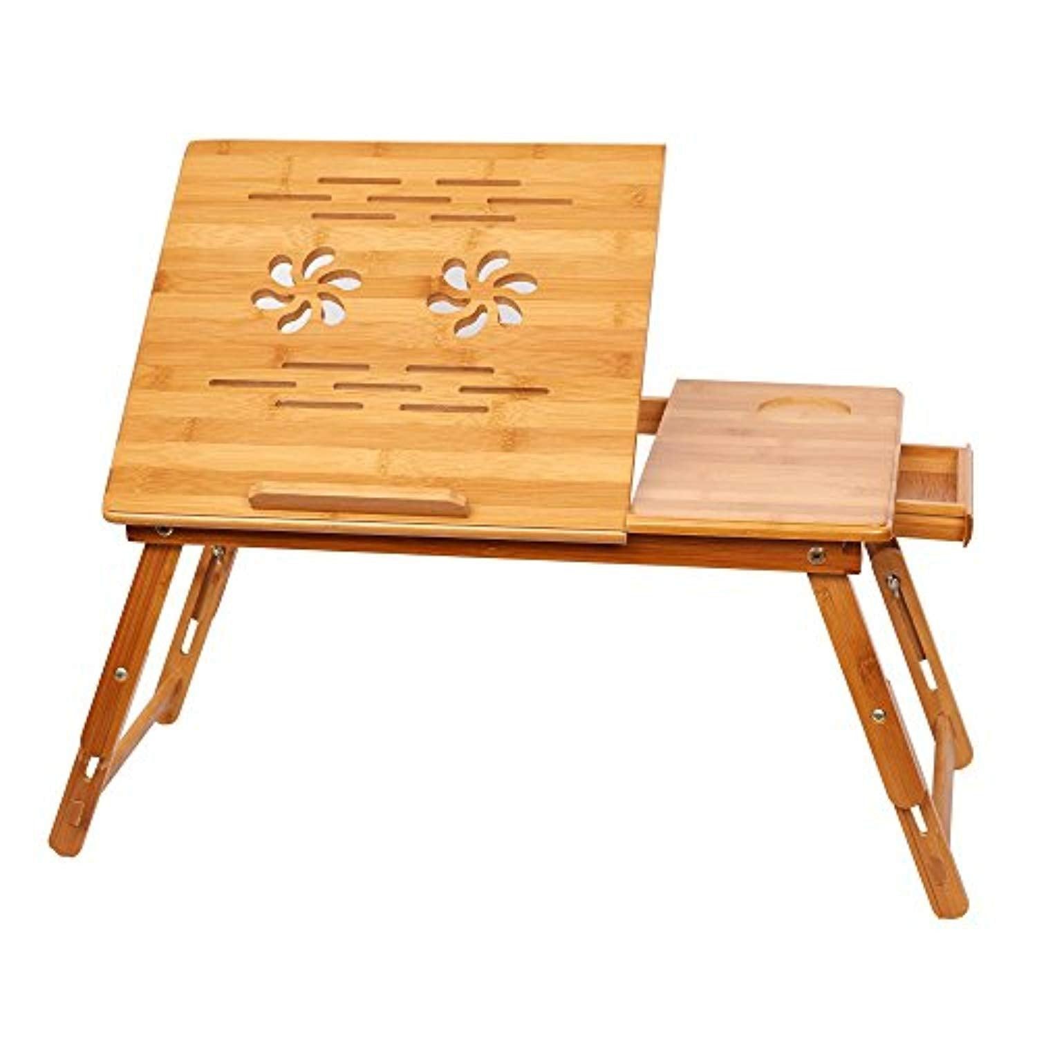 Bosonshop Adjustable Bamboo Laptop Desk Foldable Breakfast Table with Tilting Top Drawer,Eco Friendly