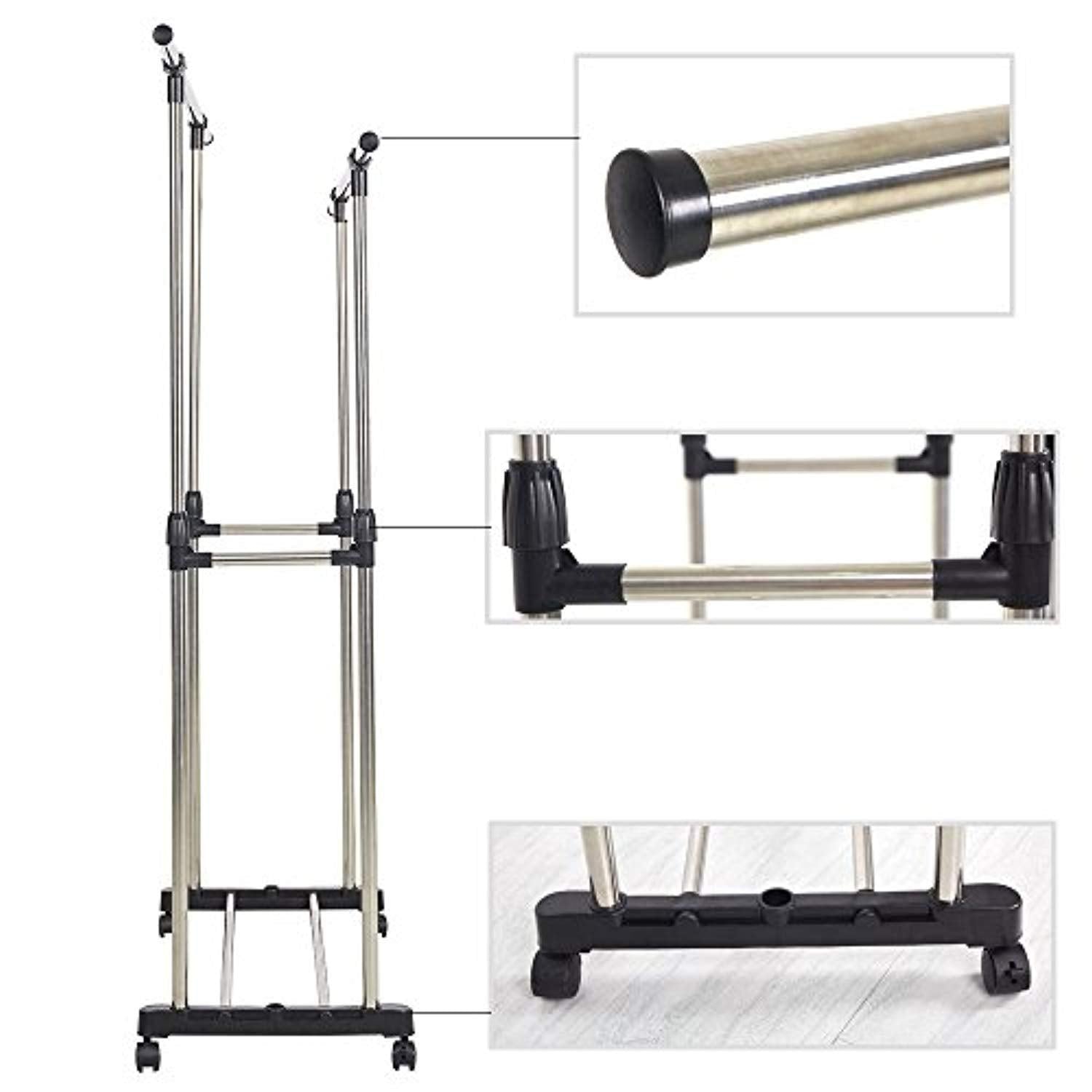 Bosonshop Adjustable Double Rail Heavy Duty Garment Rack Clothes Rack with Wheels Free Standing Black