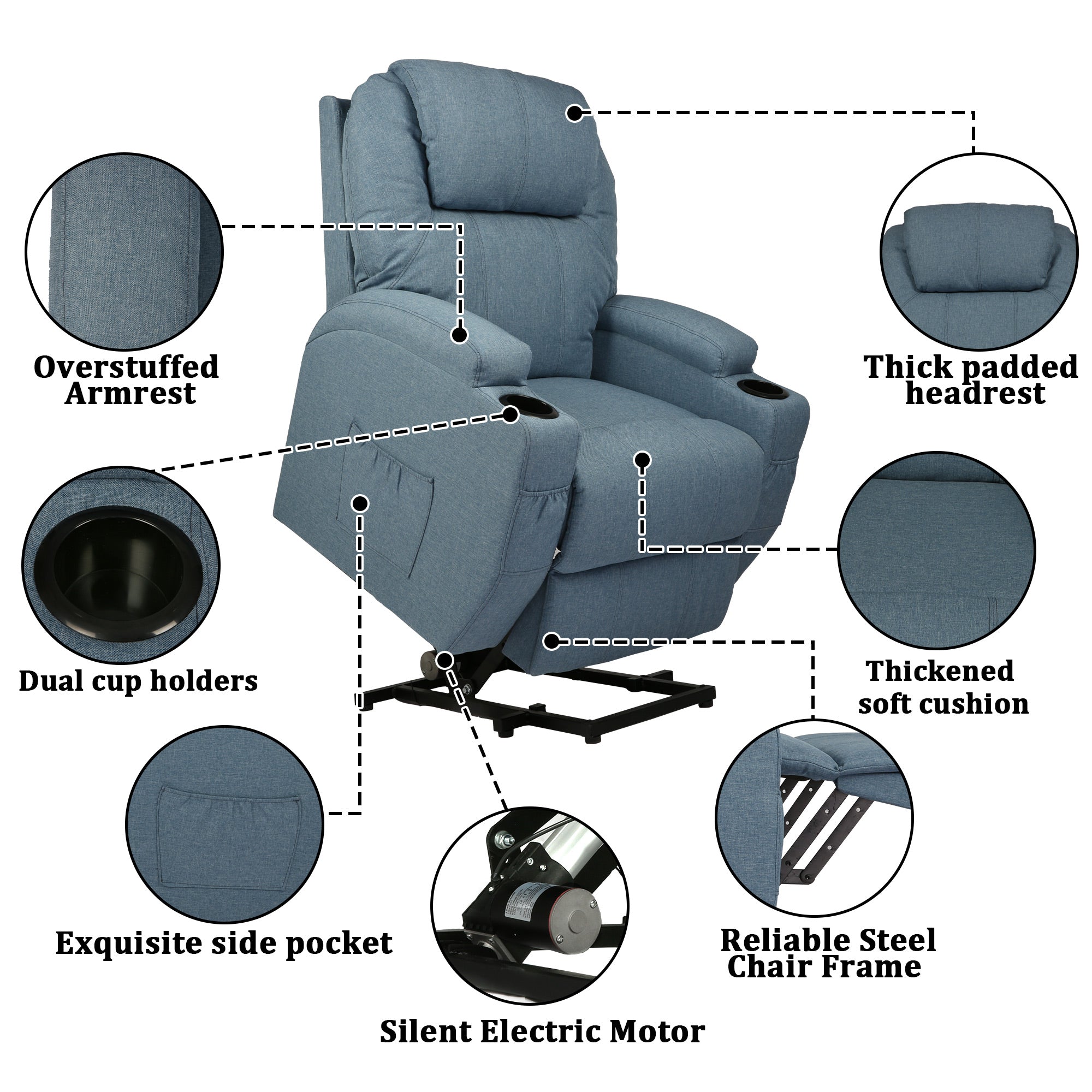 Power Lift Recliner Chair, Electric Full Body Massage Chair for Elderly with Massage and Heat, Blue - Bosonshop