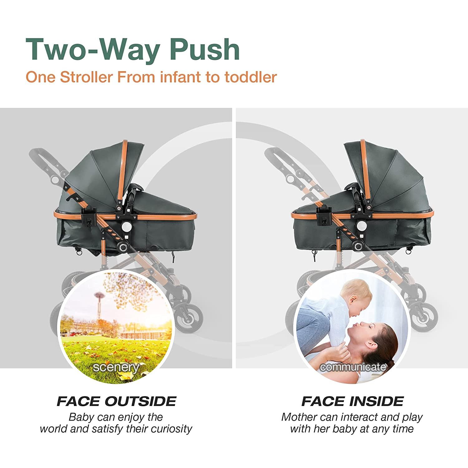 2 In 1 Baby Stroller Newborn Pram Infant Pushchair Bassinet Car Reversible Seat - Bosonshop