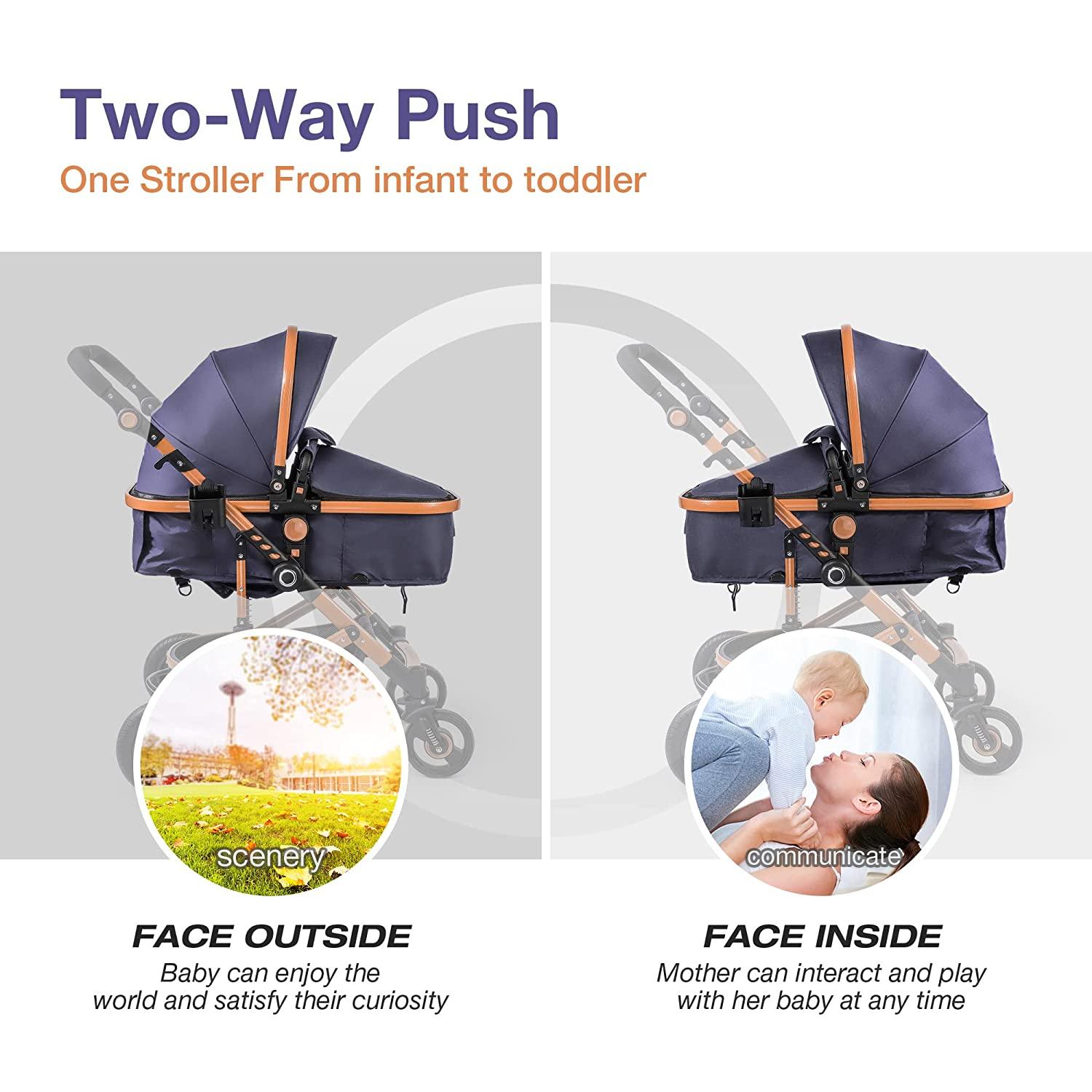 2 in 1 Newborn Bassinet to Toddler Stroller - Infant Aluminum Pushchair with Reversible Seat, Foot Cover, Wheels Suspension, Adjustable Backrest - Bosonshop