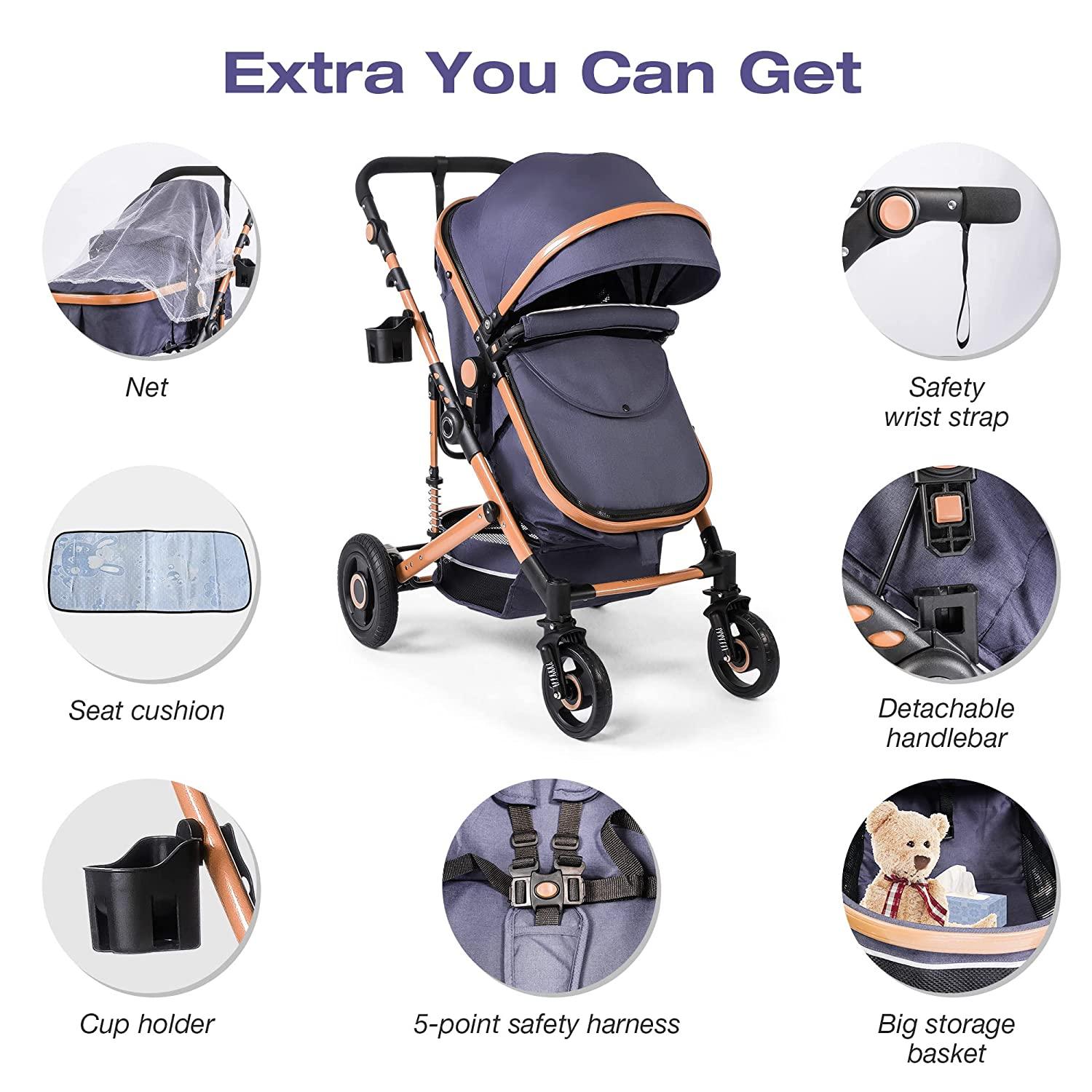 2 in 1 Newborn Bassinet to Toddler Stroller - Infant Aluminum Pushchair with Reversible Seat, Foot Cover, Wheels Suspension, Adjustable Backrest - Bosonshop