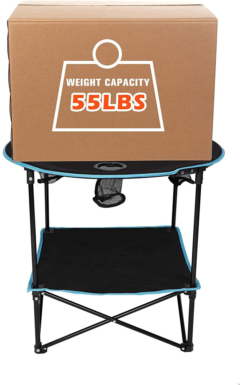 Folding Table, Travel Camping Picnic Collapsible Round Table with 4 Cup Holders and Carry Bag (Black & Blue) - Bosonshop