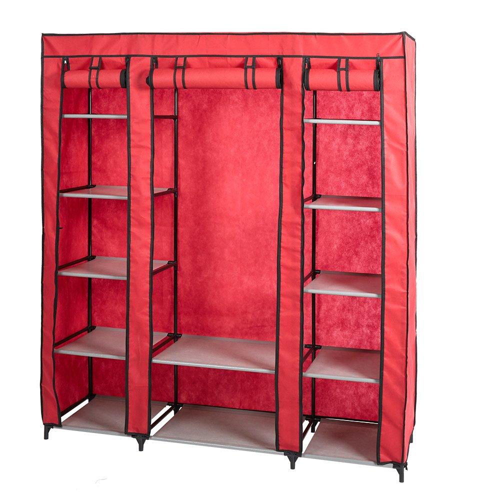 Bosonshop 59" Clothes Closet Portable Storage Organizer with Hanging Rod, Nonwoven Fabric, 12 Storage Shelves-Red