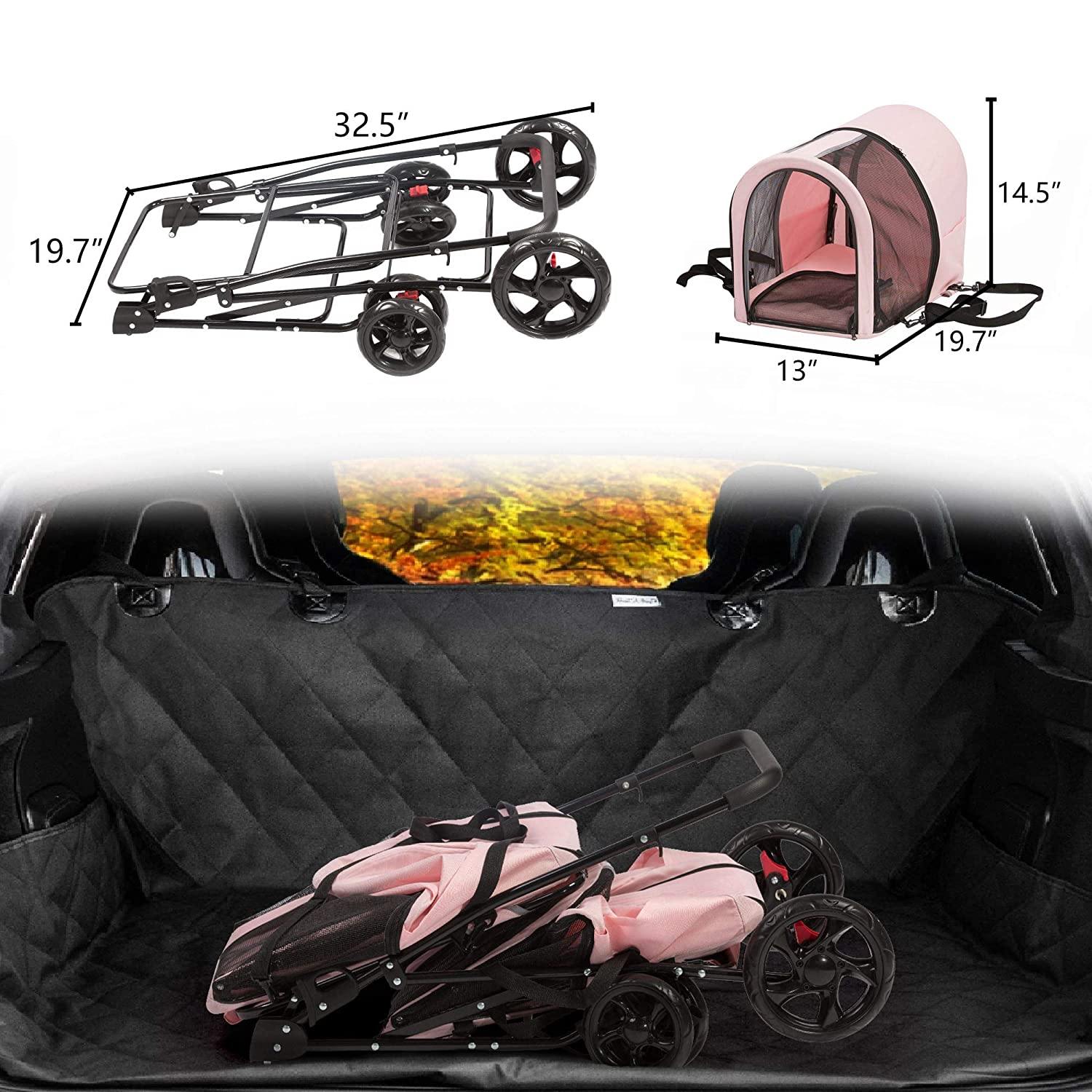 Foldable Pet Stroller, Double Decker Stroller Folding Portable Jogging Travel Carrier Cage for Small Medium Dogs and Cats (Pink) - Bosonshop