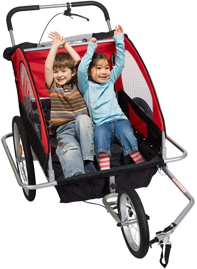 Double Child Kids Bike Trailer Bicycle Carrier 2-Seater Baby Stroller Jogger for Outdoor Travel Walking Cycling, 2-in-1, Red - Bosonshop