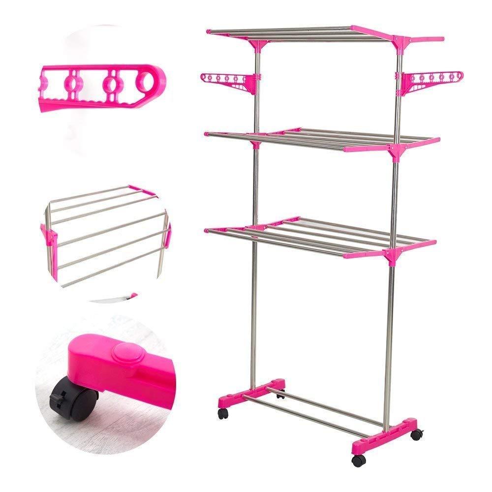 Bosonshop 3-Tier Foldable Rolling Clothes Drying Rack Stainless Steel Garment Rack with Wheels