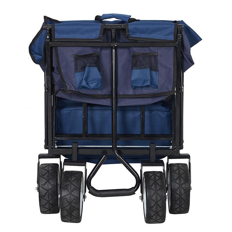 Outdoor Folding Wagon Collapsible Utility Cart with Removable Canopy and Storage Basket Blue - Bosonshop