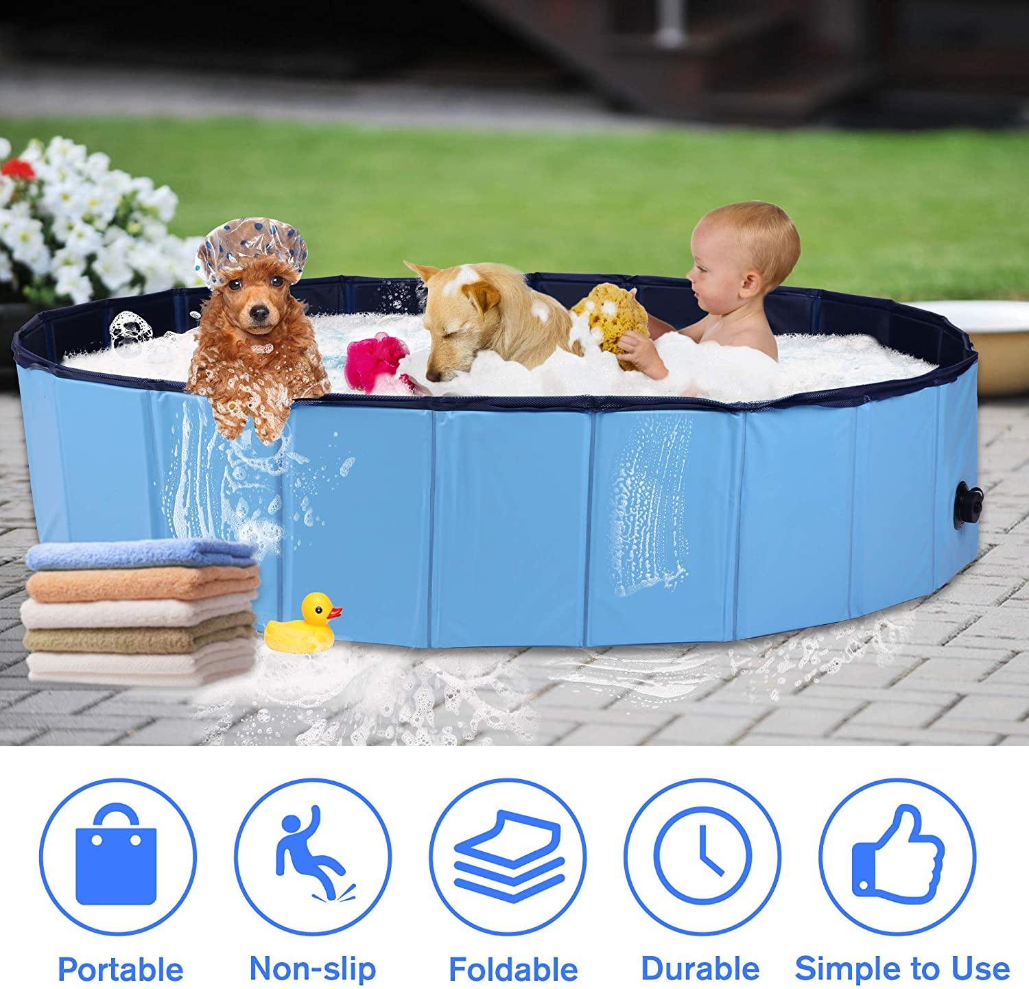 Foldable Pet Swimming Pool Easy to Fold Fill Empty & Clean Slip-Resistant PVC Bathing Tub Kiddie Pool - Bosonshop