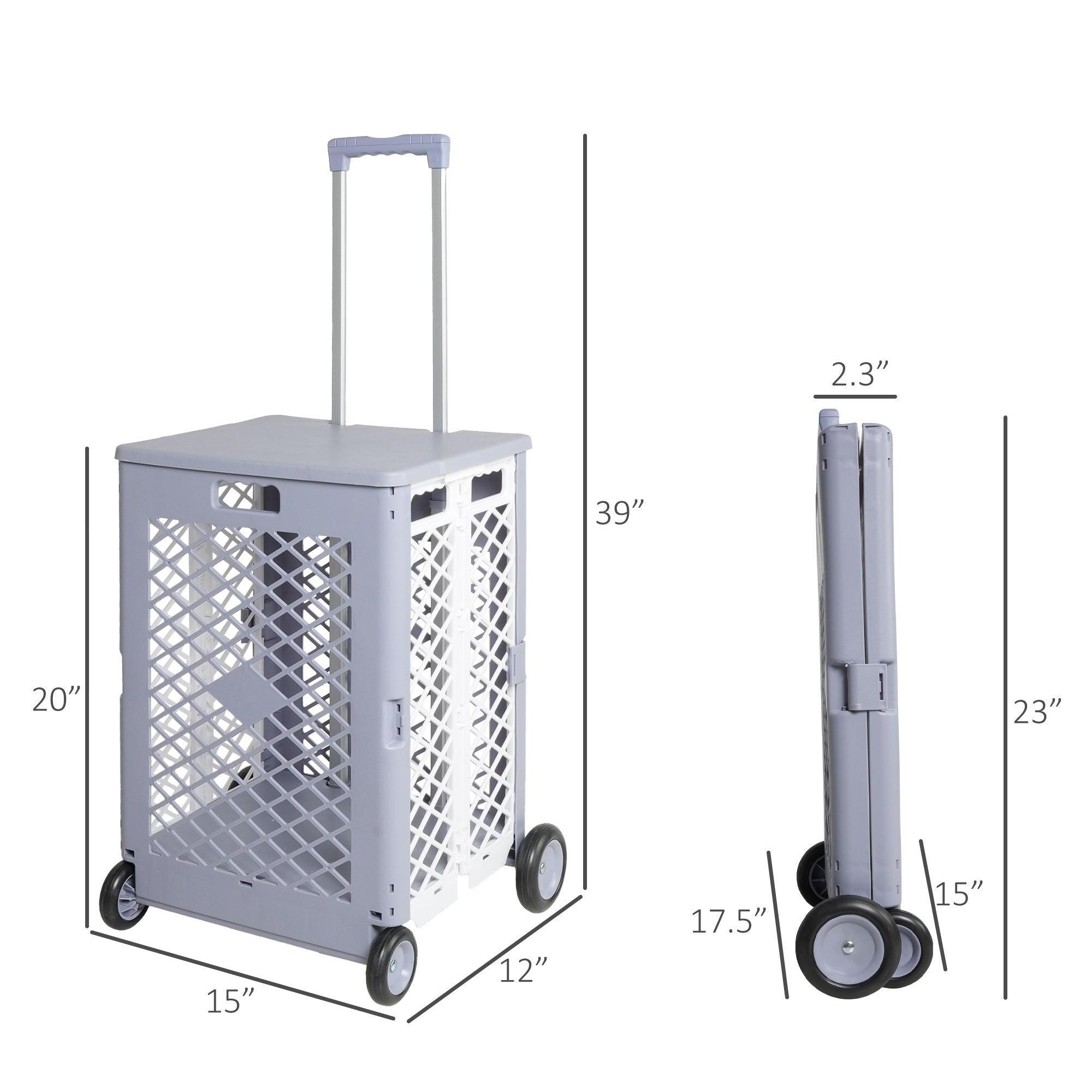 55L Foldable Mesh Rolling Cart with Wheels Utility Tools Rolling Crate w/ Telescopic Handle, Gray - Bosonshop