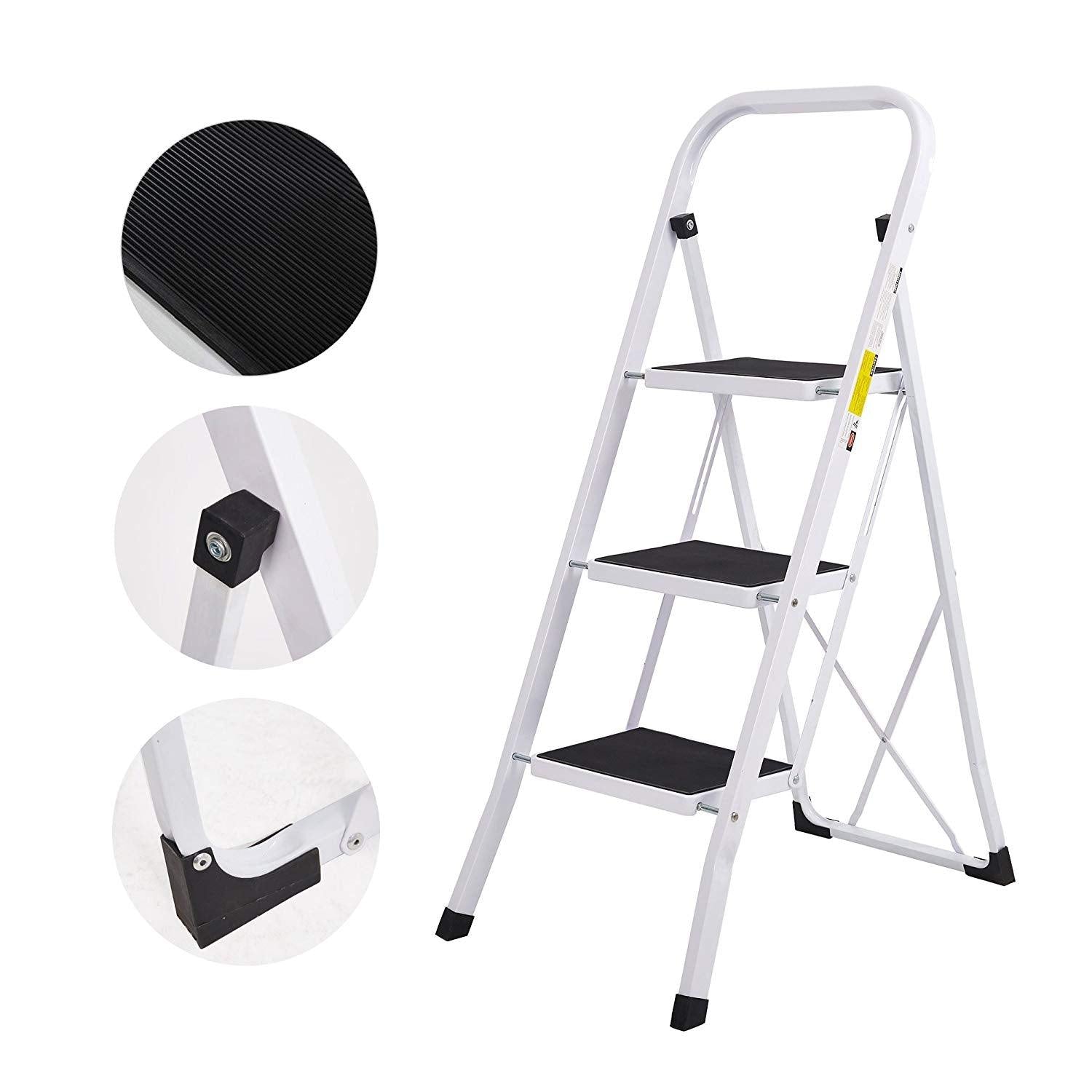 Bosonshop Folding Compact Portable 3 Step Ladder 330 lb Capacity, White