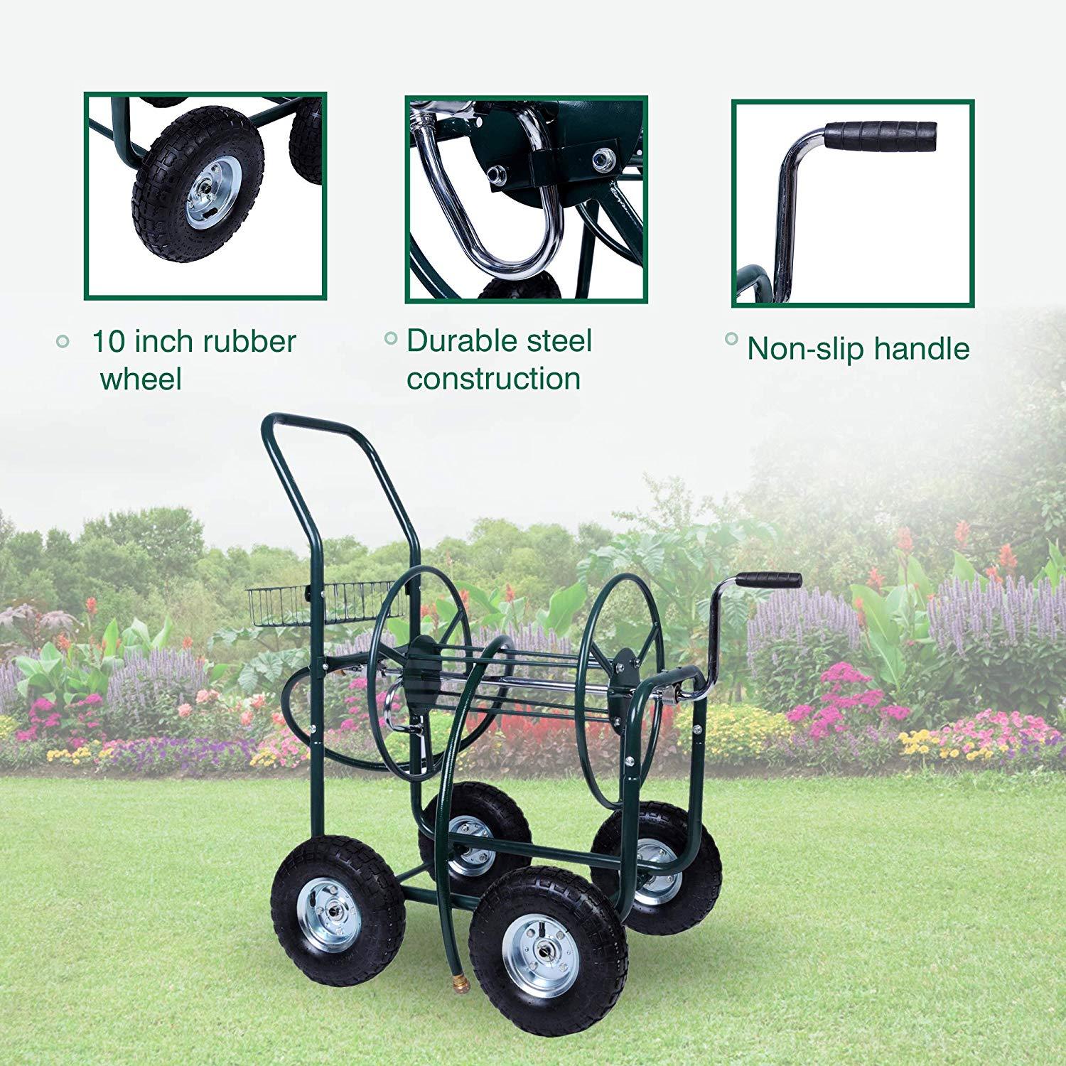 Bosonshop 4 Wheels Heavy Duty Garden Hose Reel Cart with Storage Basket,Holds 390FT Hose