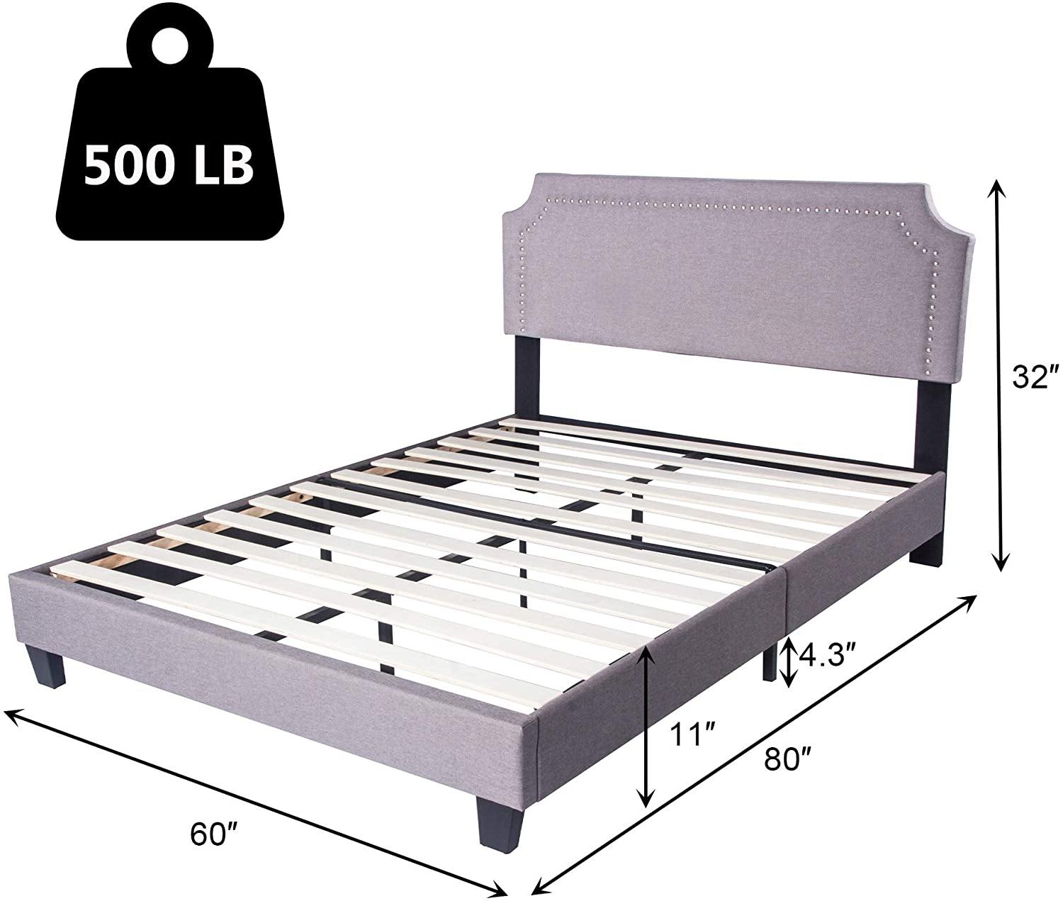 60" Platform Bed Frame Queen Upholstered Headboard Wood Slat Support Metal Frame Heavy Duty Bed Frame for Bedroom - Bosonshop