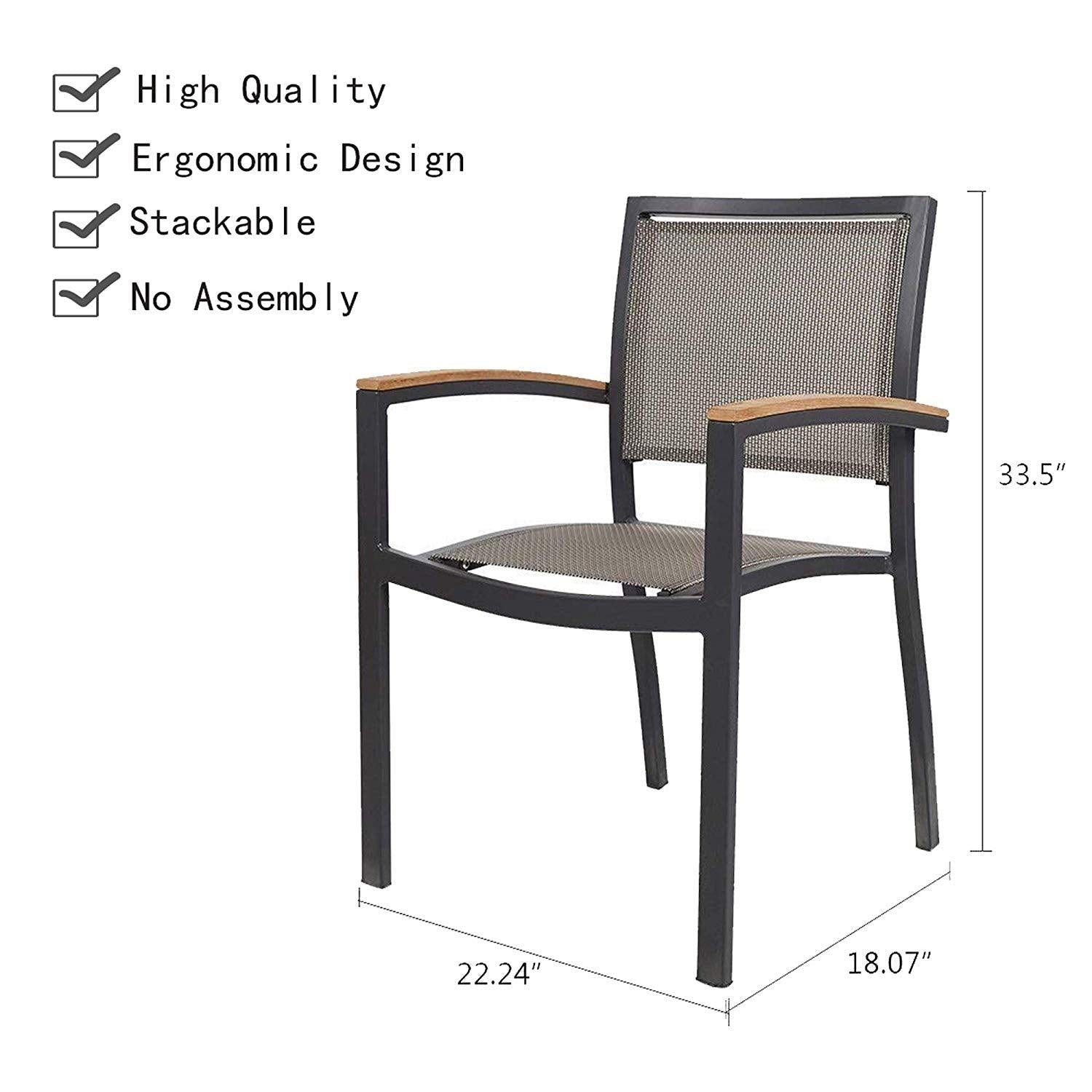 Bosonshop Outdoor Patio Dining Chairs with Teak Armrest,Textilene Mesh Fabric Aluminum Frame, Gray