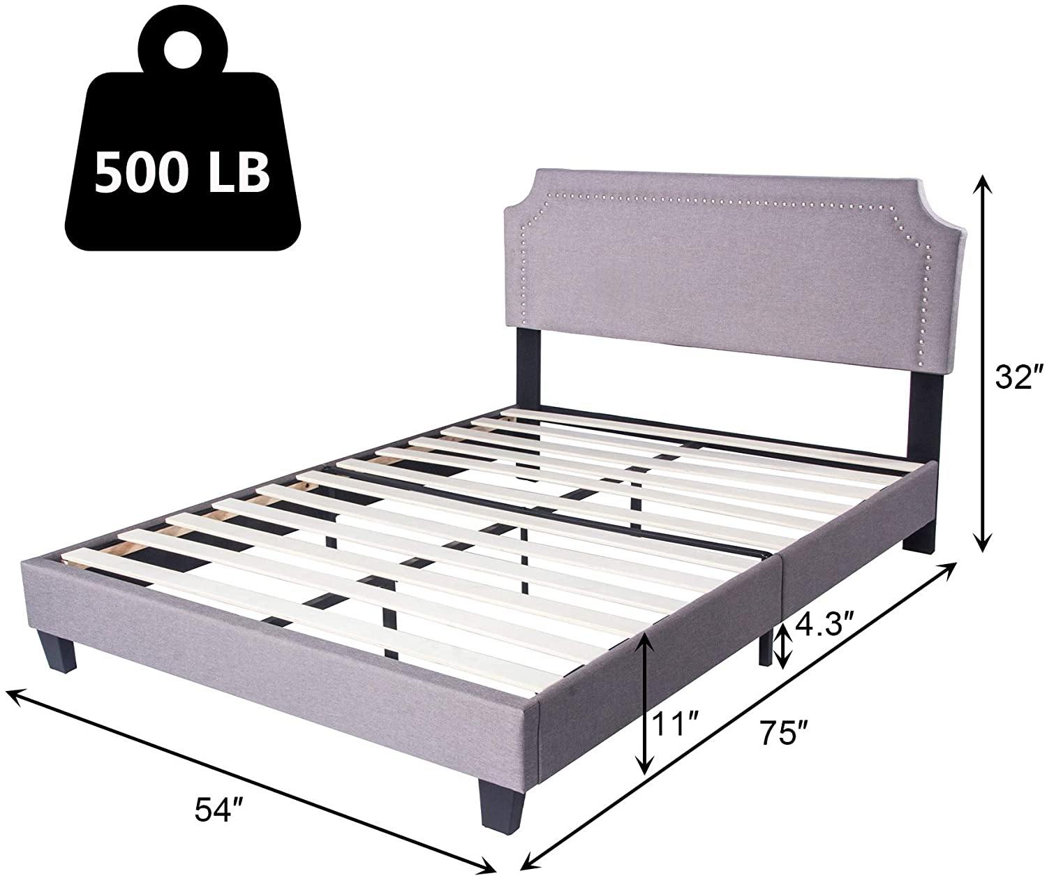 54" Upholstered Full Size Bed Frame with Headboard Wood Slat Support Metal Frame Heavy Duty Platform Bed Frame for Bedroom - Bosonshop