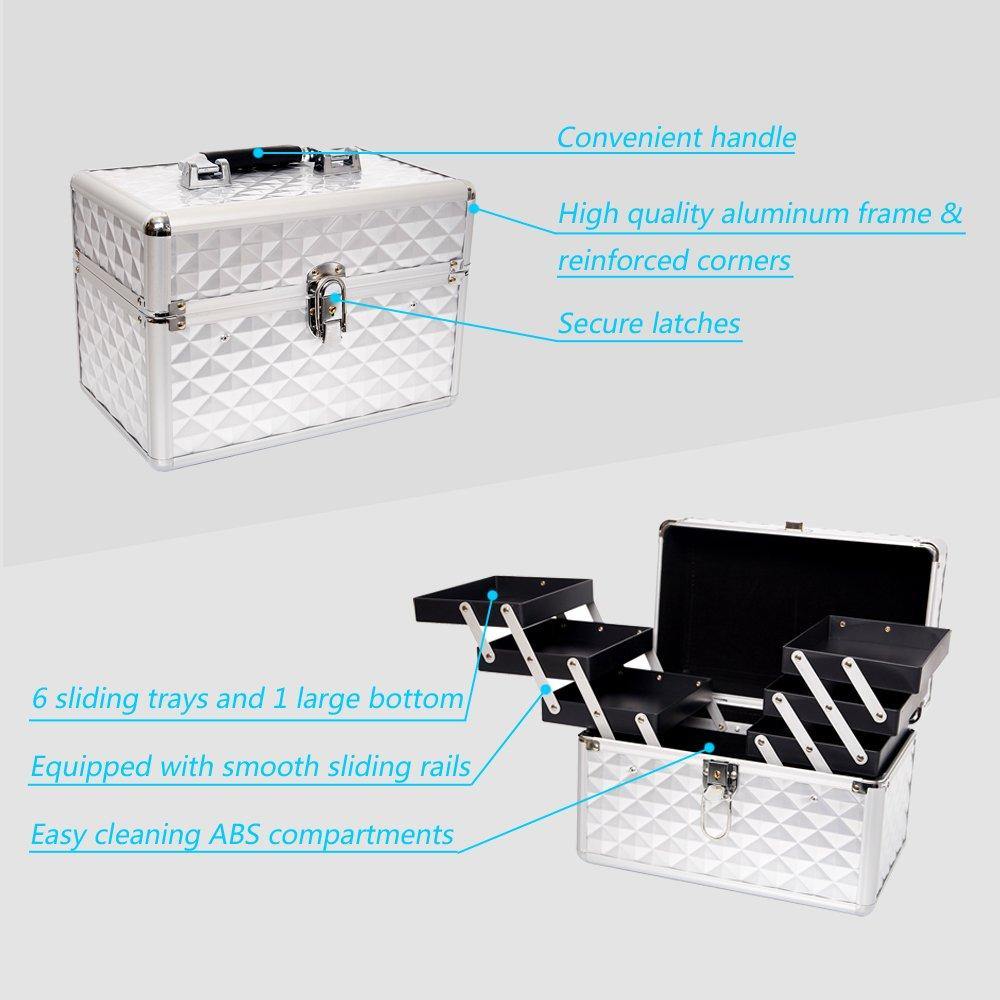 Professional Makeup Train Case with 6 Sliding Trays Portable Cosmetic Box Storage Organizer Aluminum Design - Bosonshop