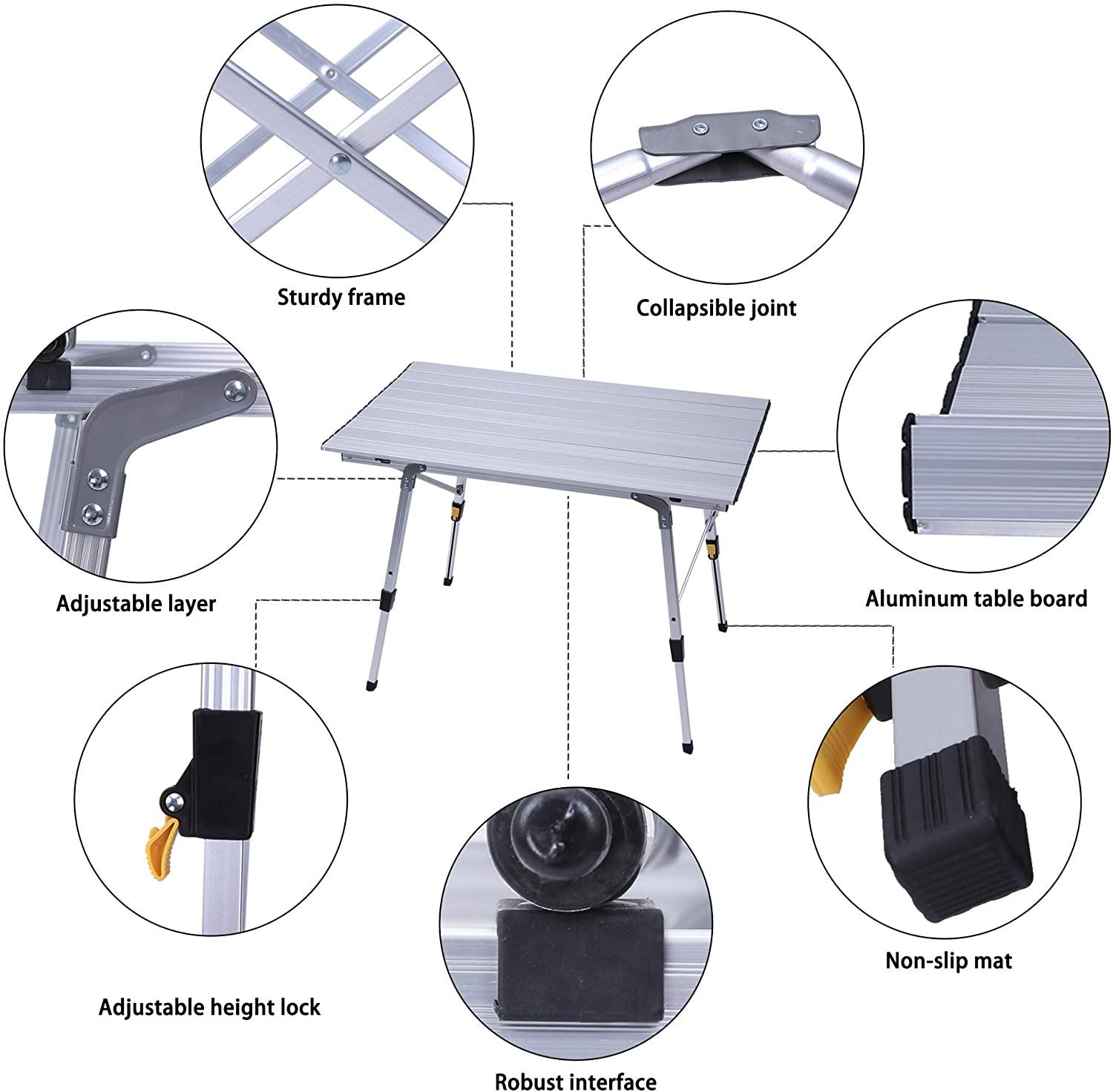 Portable Folding Aluminum Camping Picnic Table, Adjustable Height Compact Outdoor Table with Carry Bag, Silver - Bosonshop