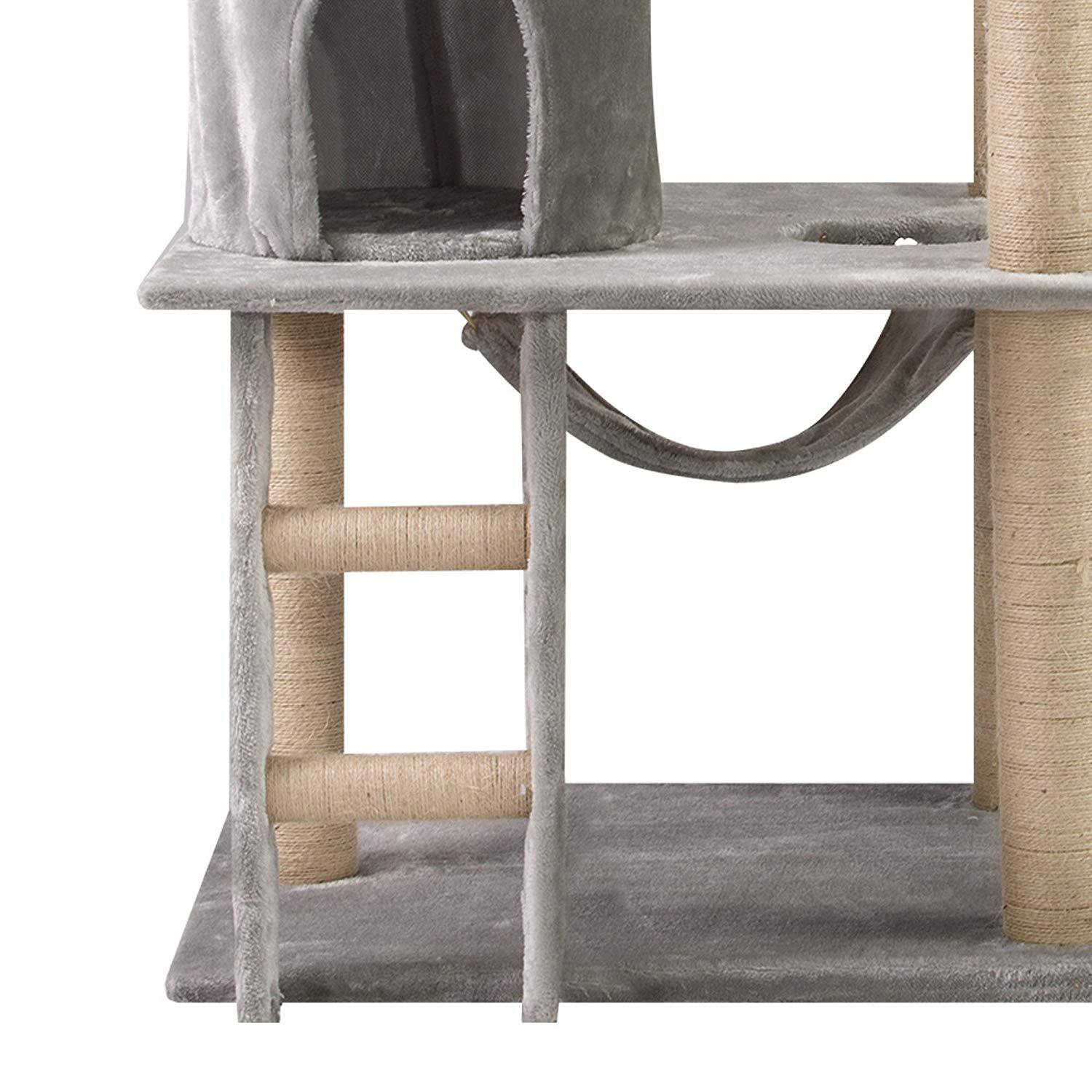 43.3" Plush Sturdy Interactive Cat Condo Tower Scratching Post Activity Tree House - Grey - Bosonshop