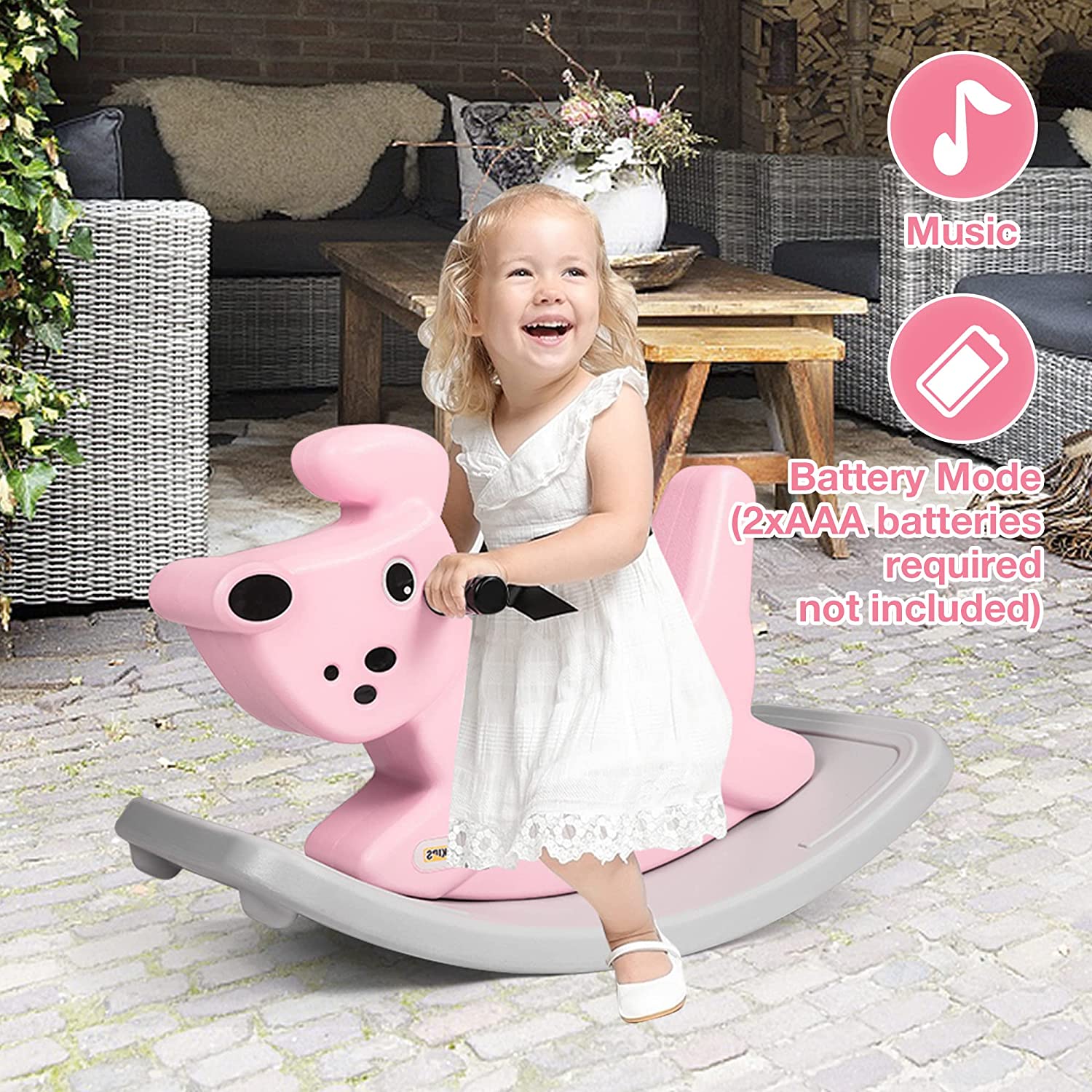 Rocking Horse Outdoor Rocking Toy with Music for Toddler Baby Kids Ages 1-3 Year Old Boy Girl Pink - Bosonshop