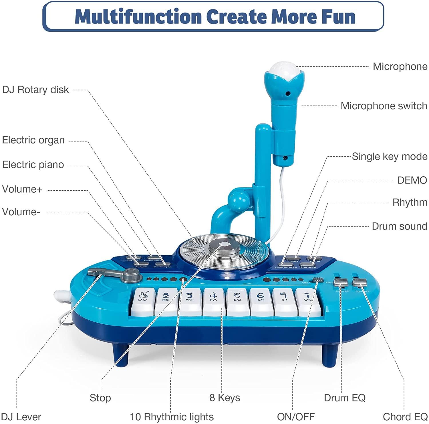 8 Keys Piano Toy Keyboard for Baby & Toddlers with DJ & Microphone, Educational Musical Instruments, Blue - Bosonshop