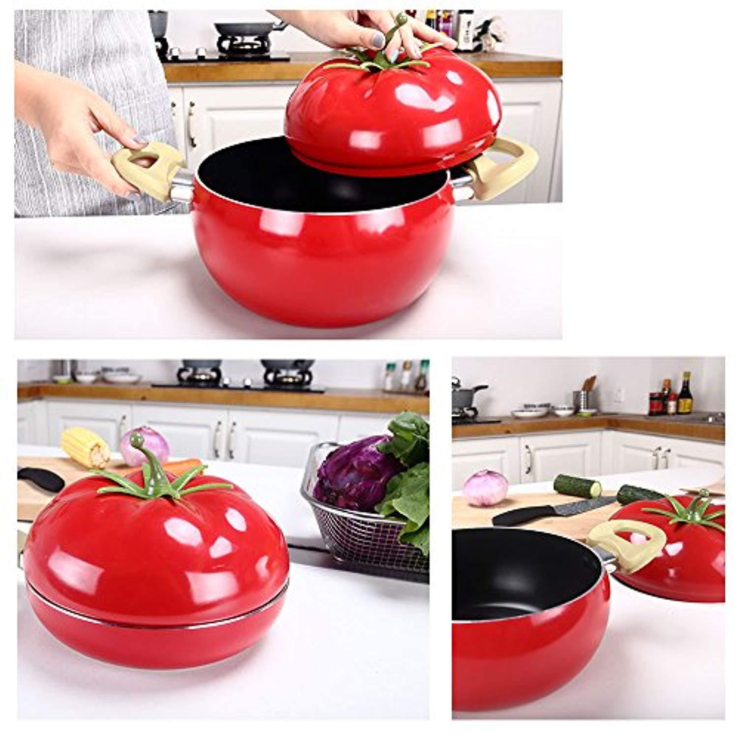 Bosonshop 3 Quart Pot Tomato Shape Sauce Pan With Cover Stainless Steel Aluminium, Red