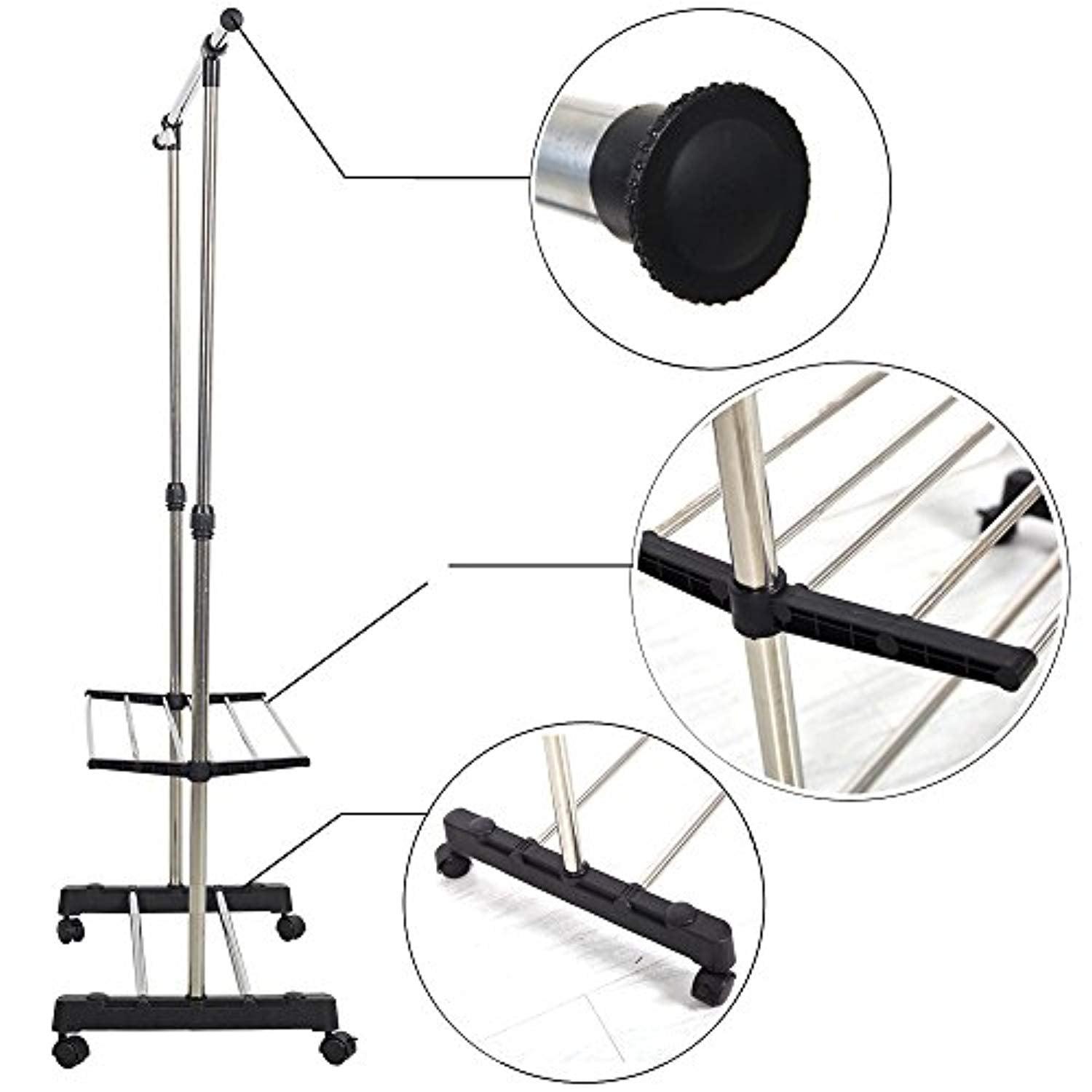 Bosonshop Clothes Rack Adjustabale Single Garment Rack With Shelves With Wheels Black