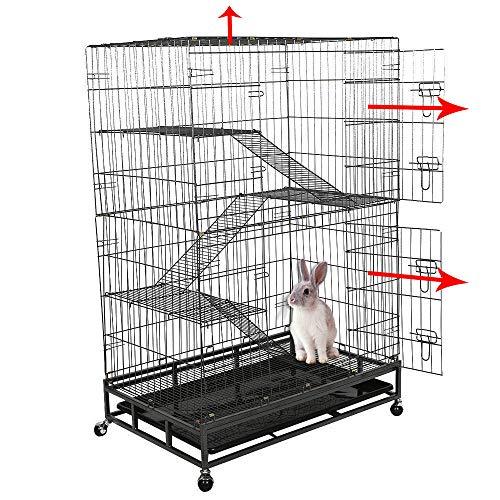 Bosonshop Cat Dog Crate Folding Large Metal Cage, Removeable Leak-Proof Tray, Climbing Ladders, 4 Wheels