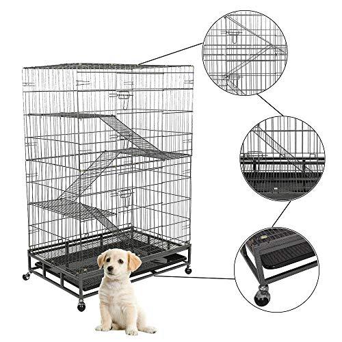 Bosonshop Cat Dog Crate Folding Large Metal Cage, Removeable Leak-Proof Tray, Climbing Ladders, 4 Wheels