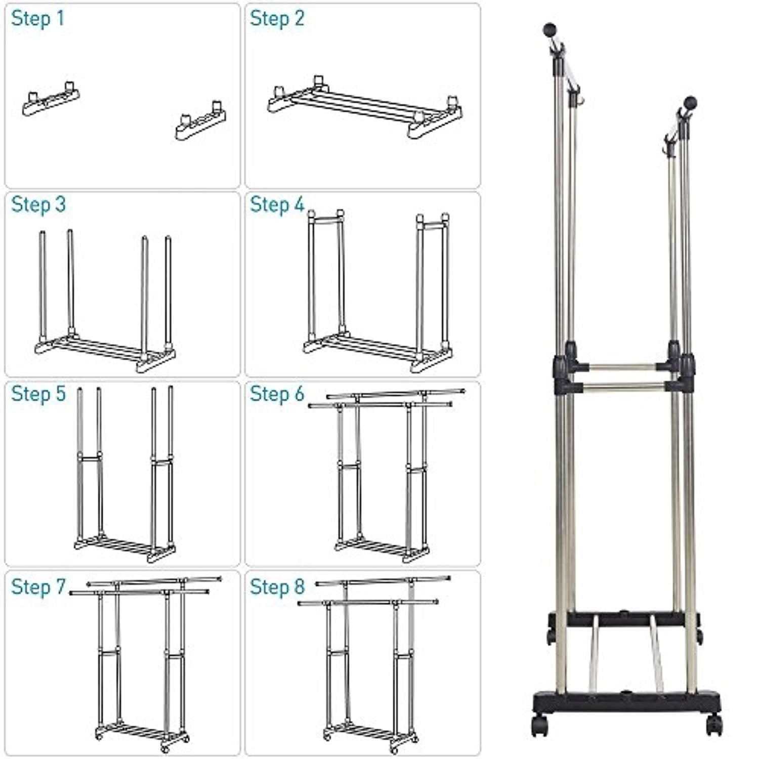 Bosonshop Adjustable Double Rail Heavy Duty Garment Rack Clothes Rack with Wheels Free Standing Black